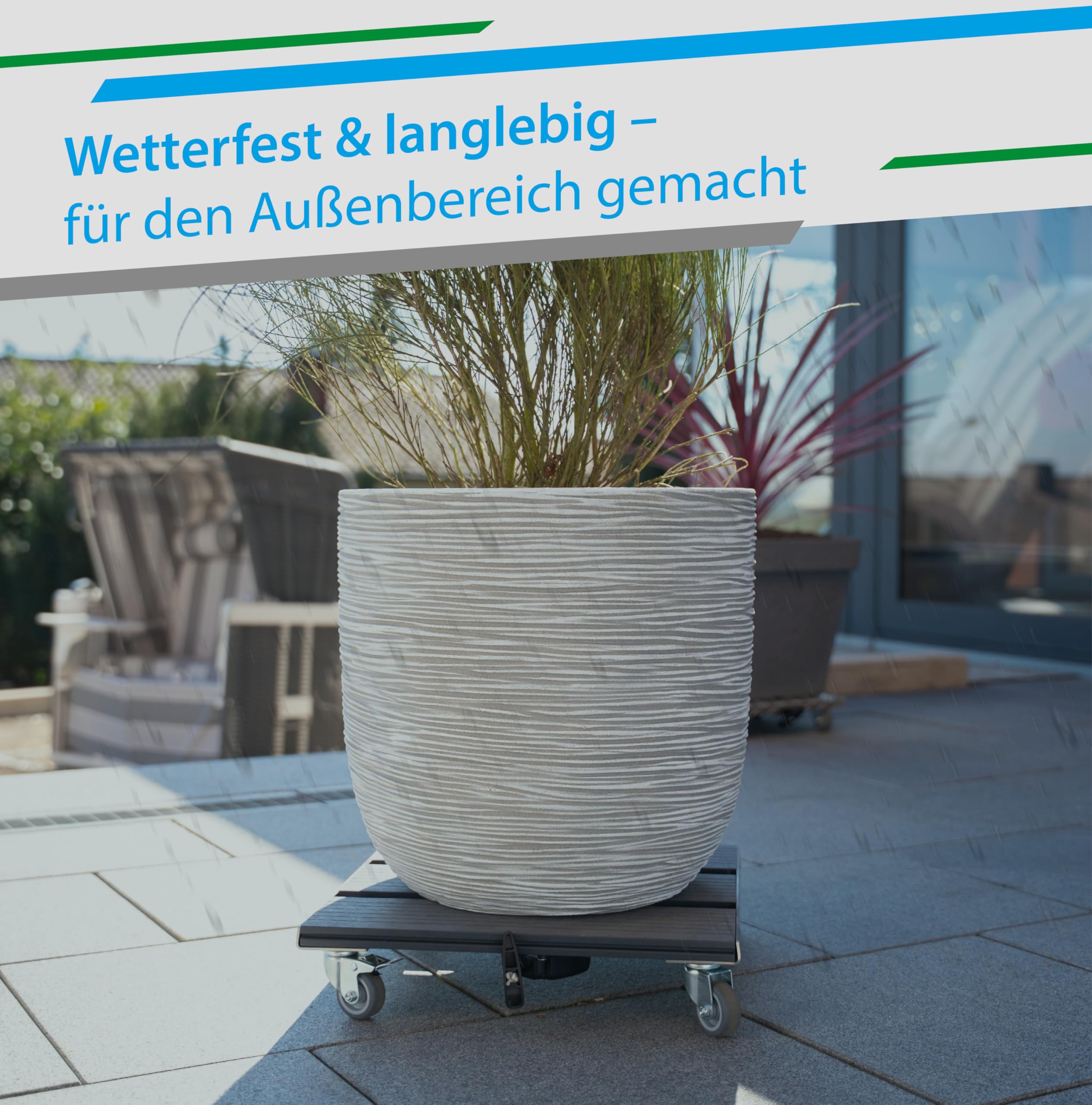 PlantMOVER Pflanzenroller mit Seilzug - 150kg Tragkraft 42x42cm – Edelstahl/WPC Pflanzenroller eckig mit robusten Rollen - Witterungsfestes Rollbrett für Pflanzen - Einfach ziehen, Made in Germany