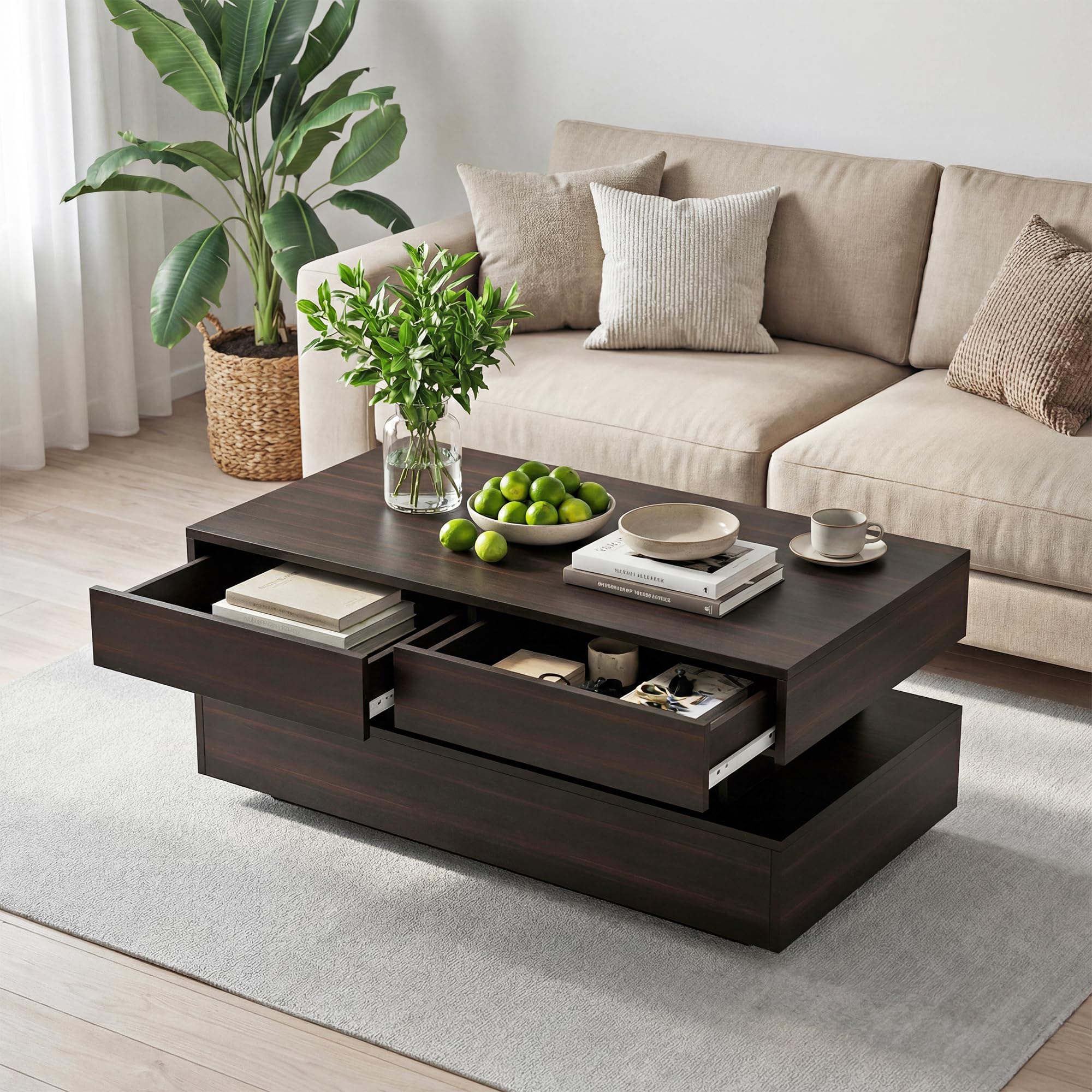 Manora Wohnzimmertisch Schwarz mit LED und Schubladen,Couchtisch Modern mit Stauraum,Rechteckiger Sofatisch,Tisch Wohnzimmer,Bräunlich-schwarz