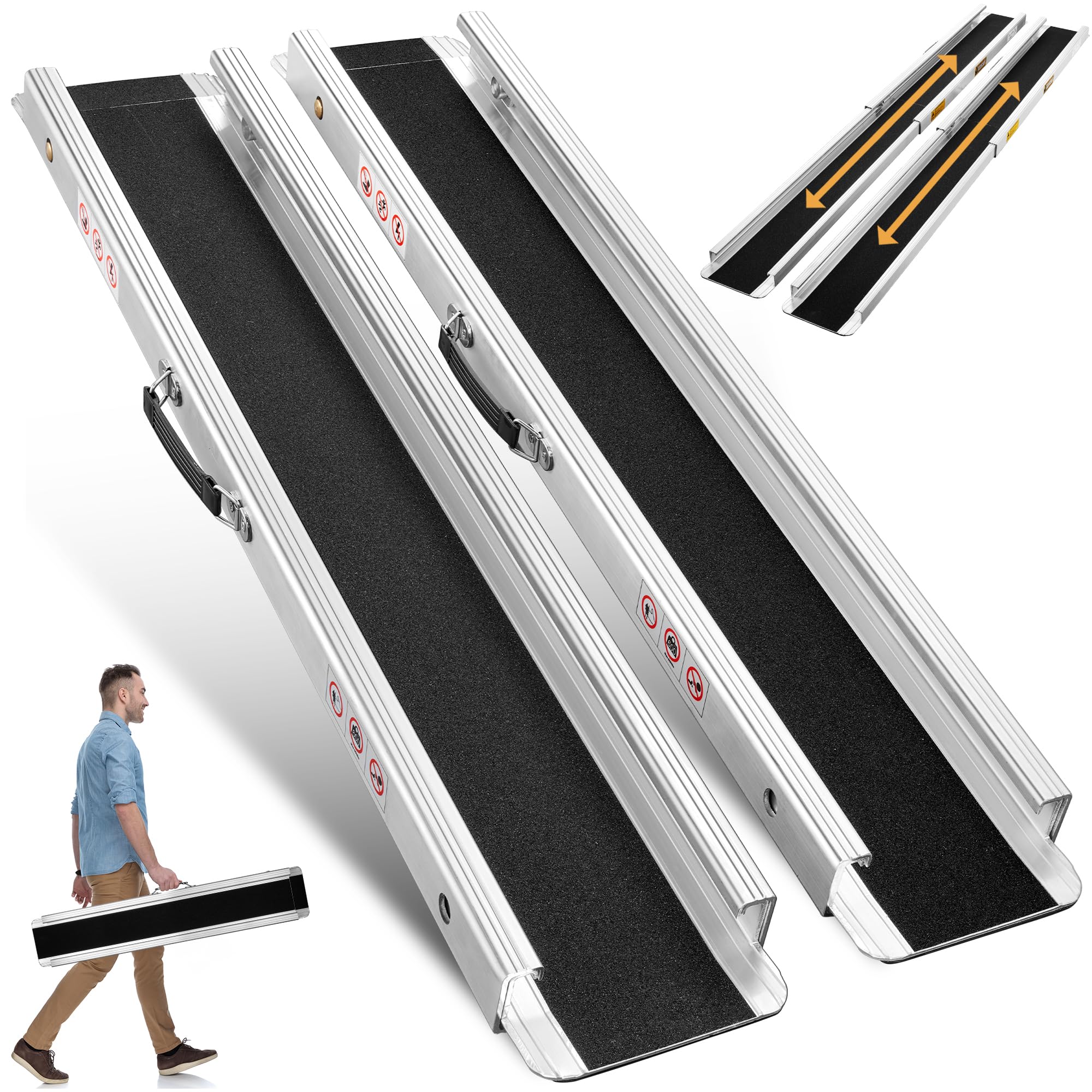 6FT Portable Wheelchair Ramp, Adjustable Aluminum Ramps for Wheelchairs for Home, 1200LB Capacity, 2X Thickened Sidewall, Telescoping Anti-Slip Surface Wheelchair Ramp for Home, Stairs, Steps(2 Pack)