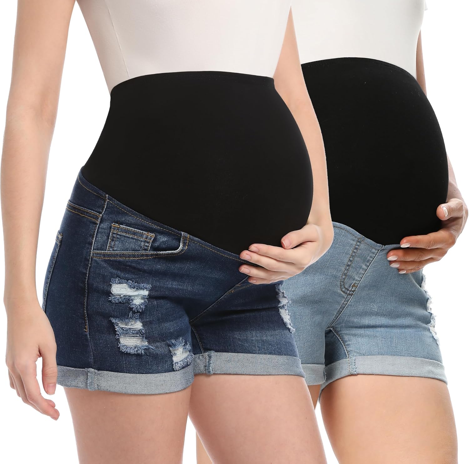 Maternity Denim Shorts High Waist Distressed Cuffed Hem Stretchy Comfy Jeans Short Pants Casual Pregnancy Shorts