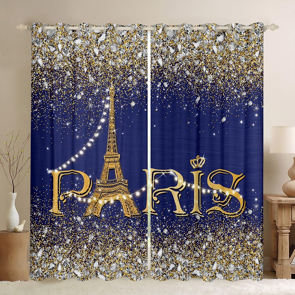 Erosebridal Eiffel Tower Curtain 42x90 for Kids Boys Girls,Teal Golden Bling Bling Sparkles Window Curtains,Vintage No Real Diamond Window Treatments,Girly Sequins Shades Drapes 2 Panels