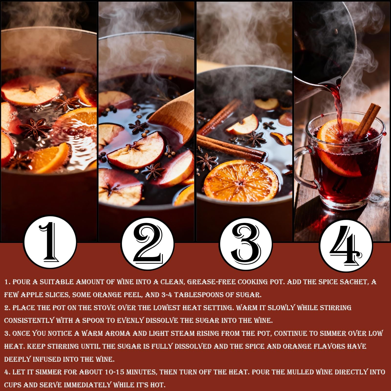 Kit de Especias para Vino Caliente con Canela, Naranjas Secas, Clavo y Anís Estrellado, para Sidra de Manzana, Vino Caliente, Glühwein y Bebida Navideña Hot Toddy. 5 Paquetes.