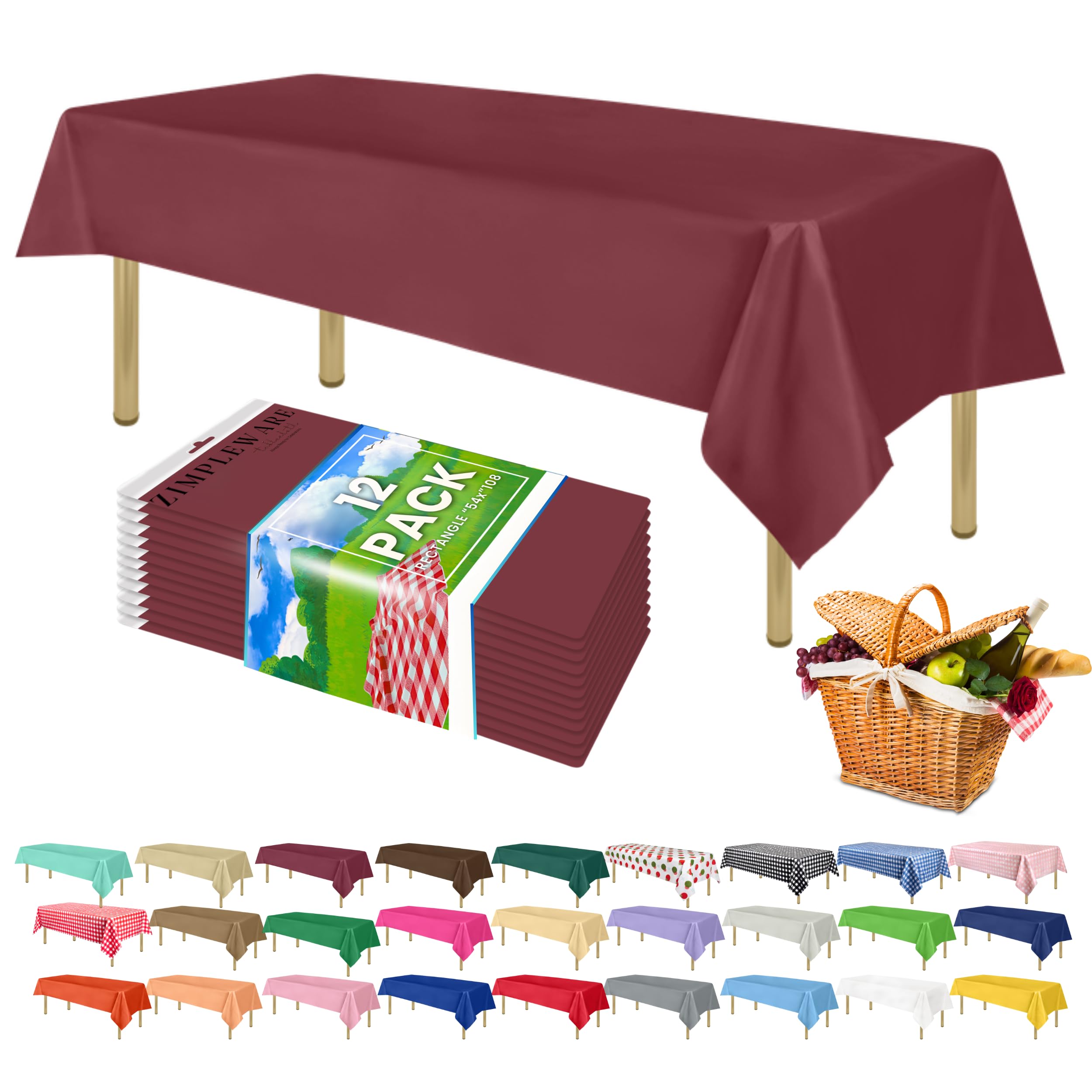 ZIMPLEWARE Premium Burgundy Plastic Table Cloth Disposable (12 Pk) Plastic Tablecloths for Rectangle Tables (54in x 108in) Party Table Cloths Disposable for 6ft to 8ft Rectangle Tables
