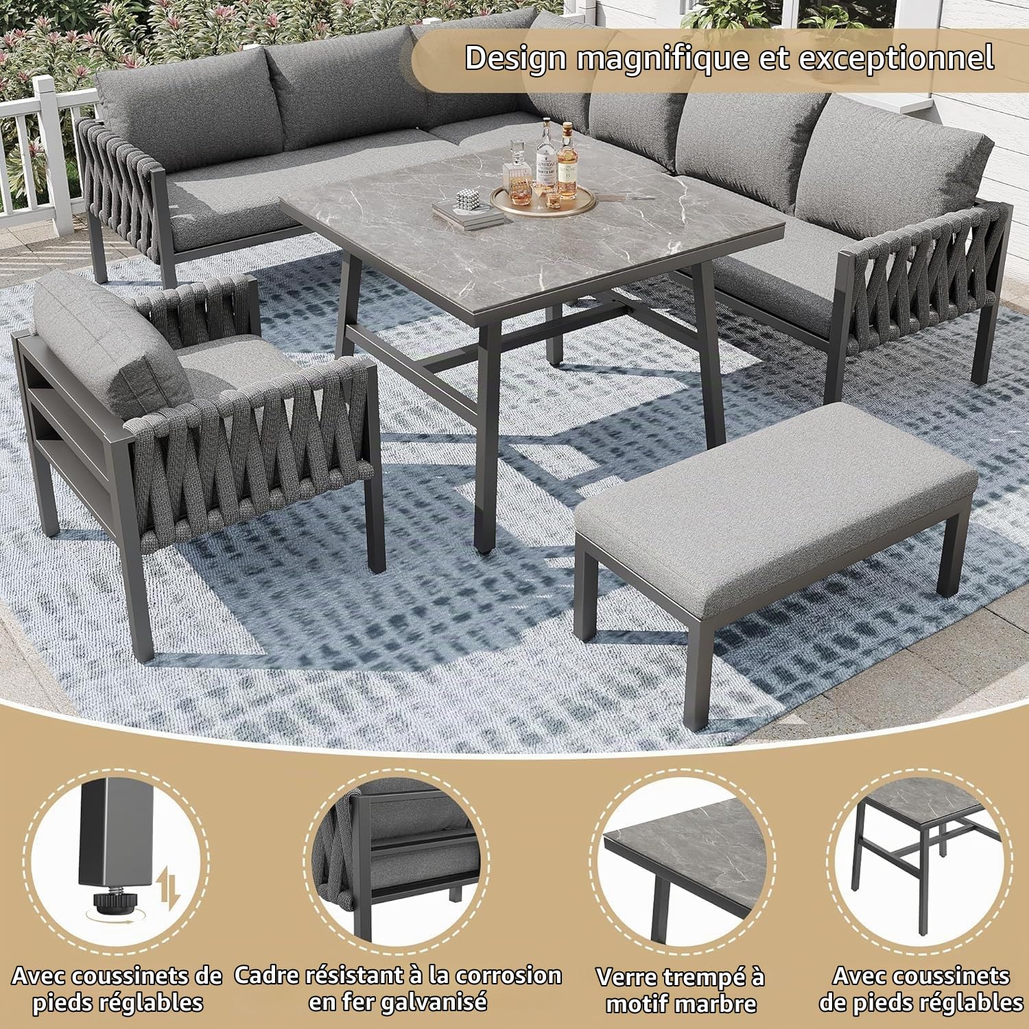 Ensemble Salon de Jardin Extérieur 6-10 Places avec Table en Verre Trempé, Salon Jardin Exterieur Canapé d'angle Moderne en Métal Galvanisé et Coussins, Gris Anthracite