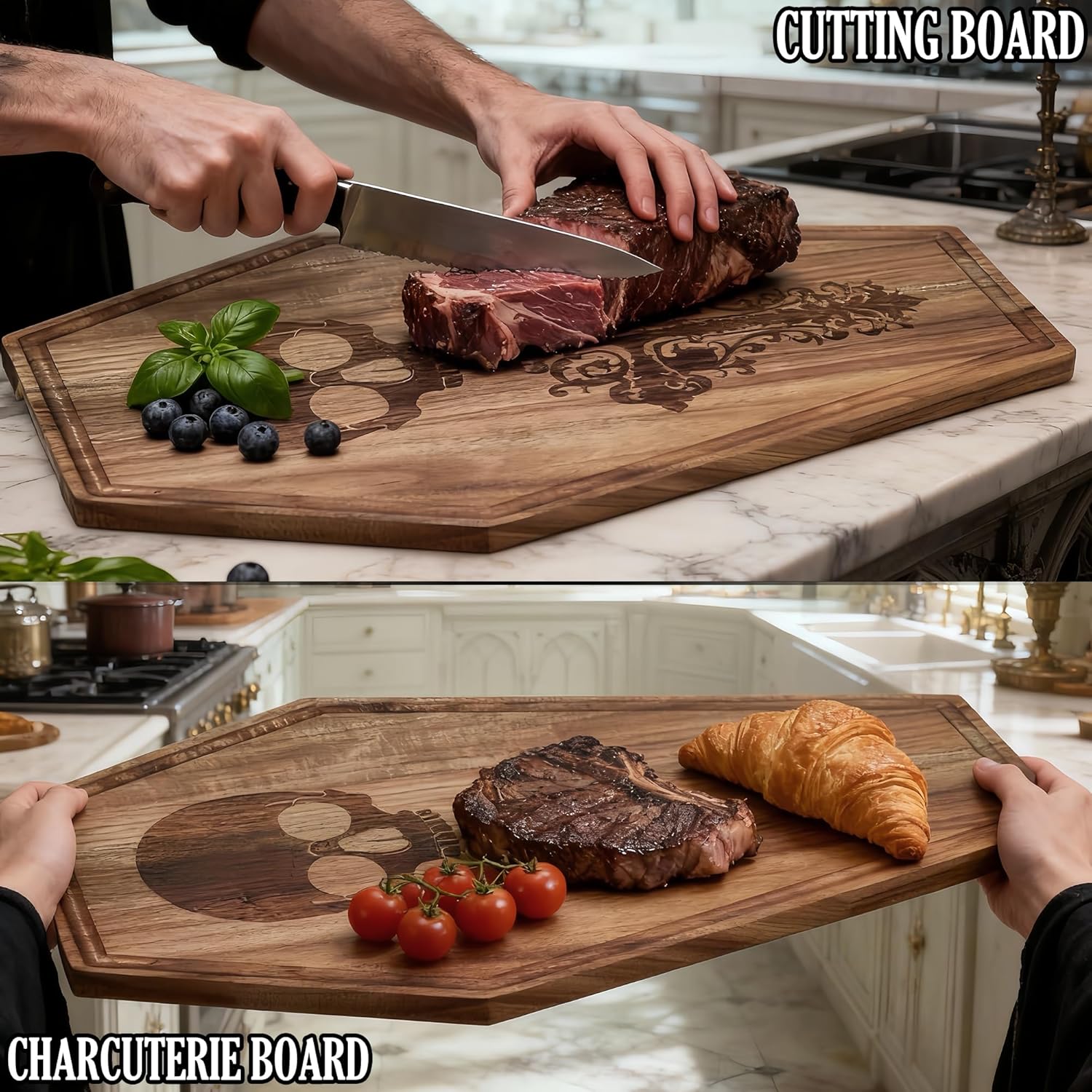 Halloween Coffin Charcuterie Board,Gothic Acacia Wooden Cutting Board for Kitchen Food Display,Skeleton Pattern Serving Tray,Goth Party Decor,Spooky Platter Gifts,17×10.5 Inch