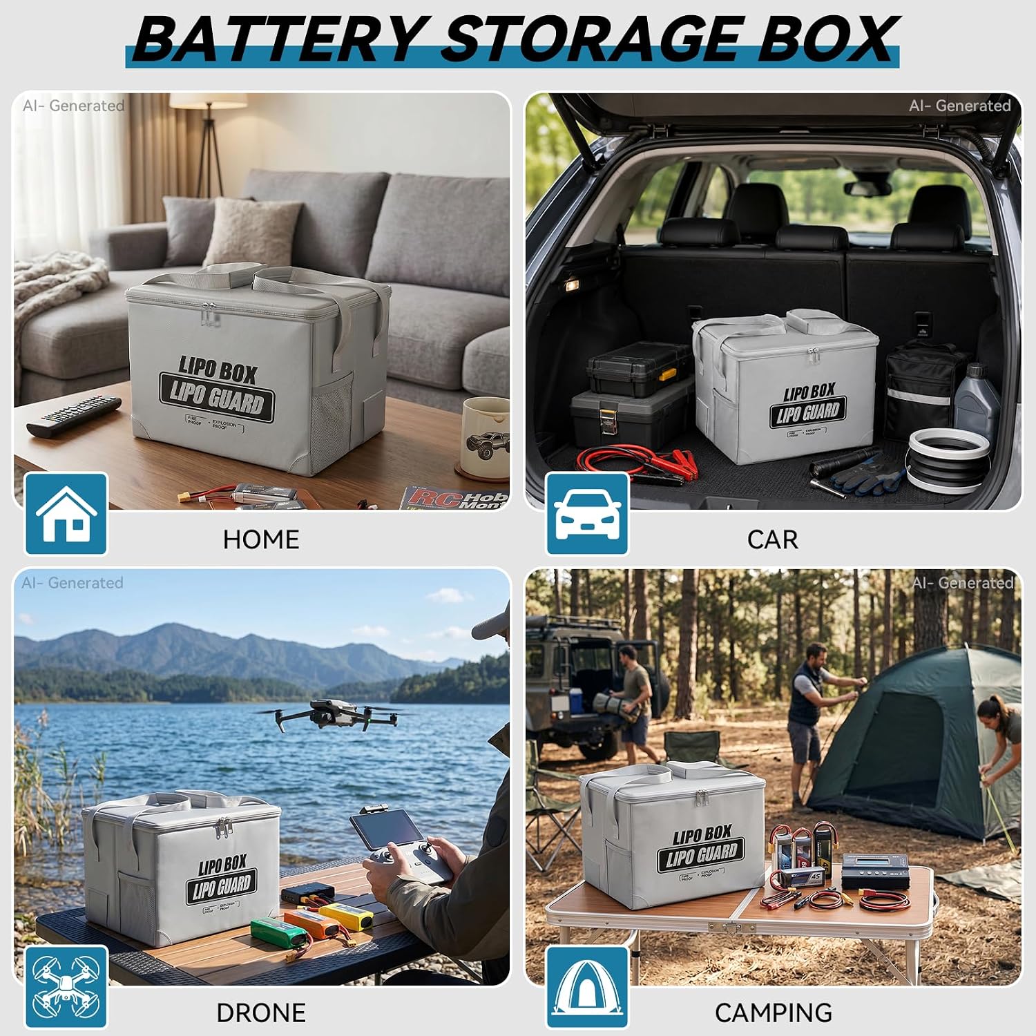 Lithium Battery Storage Organizer, Silver, 13.5"x9.8"x10.4" | Fireproof Explosion-Proof, Large Capacity Lipo Box with Dual Handle, Sortable Placement, Safe for Charging & Storing