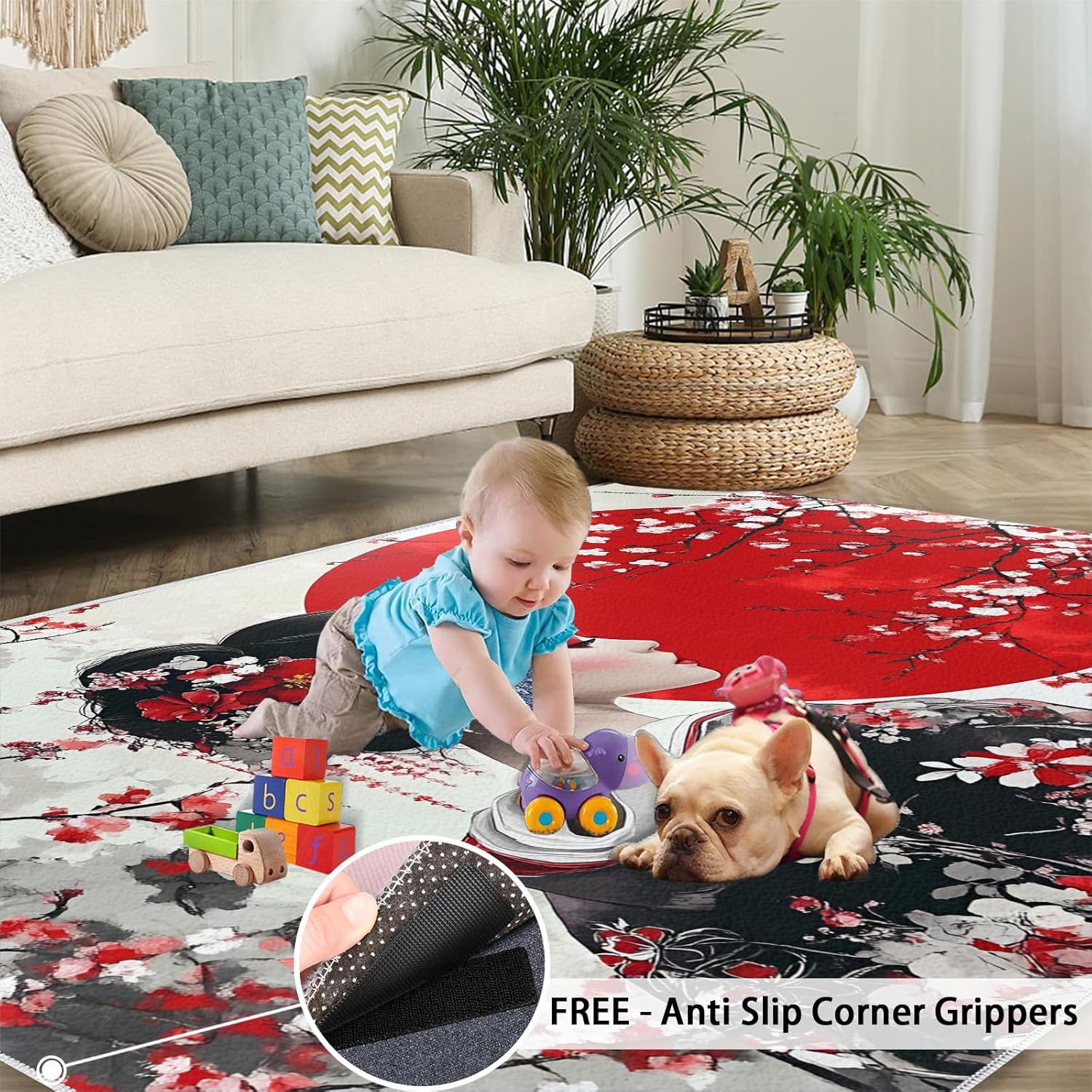 Japanese Geisha Rug 5x7-5x7 Rug, Red Sun Washable Rugs for Living Room, Cherry Blossom Carpet, Red Geisha Non-Slip Area Rugs, Landscape Carpet - Japanese Home Decor & Gifts