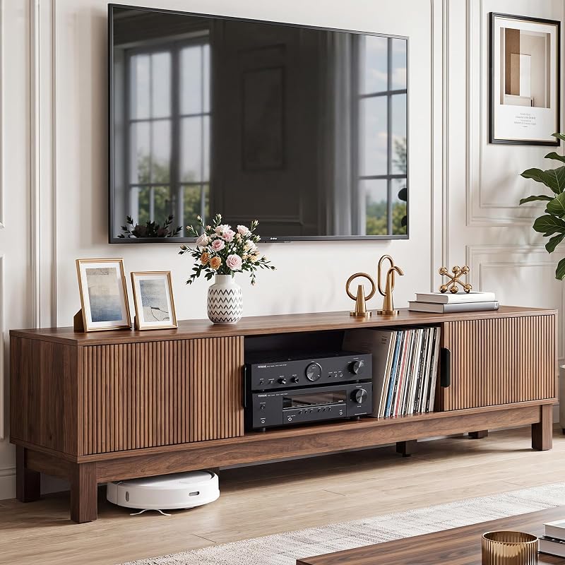 YITAHOME Mid-Century Modern Fluted TV Stand for TVs up to 75/80", Walnut