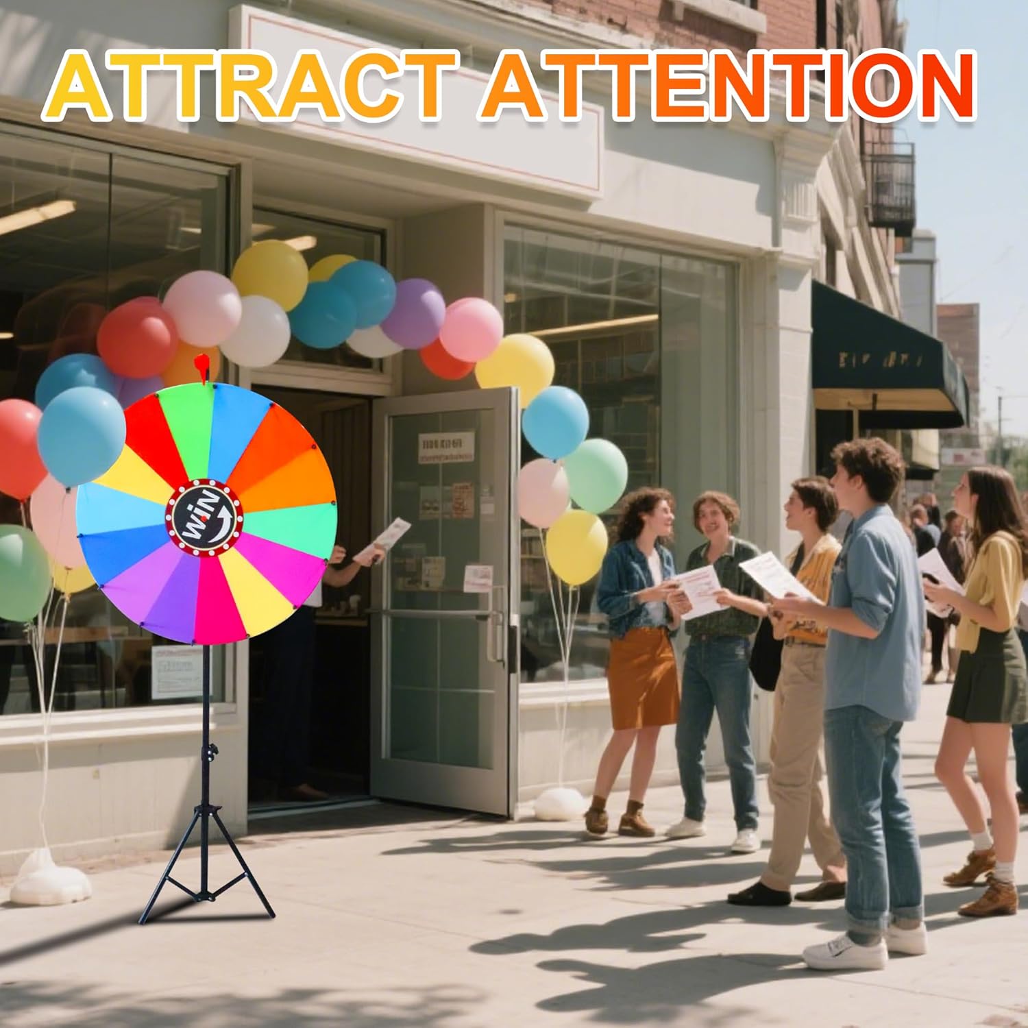 24inch Spinning Prize Wheel, Ajustable 37"-65" Height Spin Doodle Game Spinner- Dual Use Tabletop or Height Adjustable Floor Stand Heavy Duty Spinner Wheel of Fortune, 14 Colors, Fortune Spinning Game