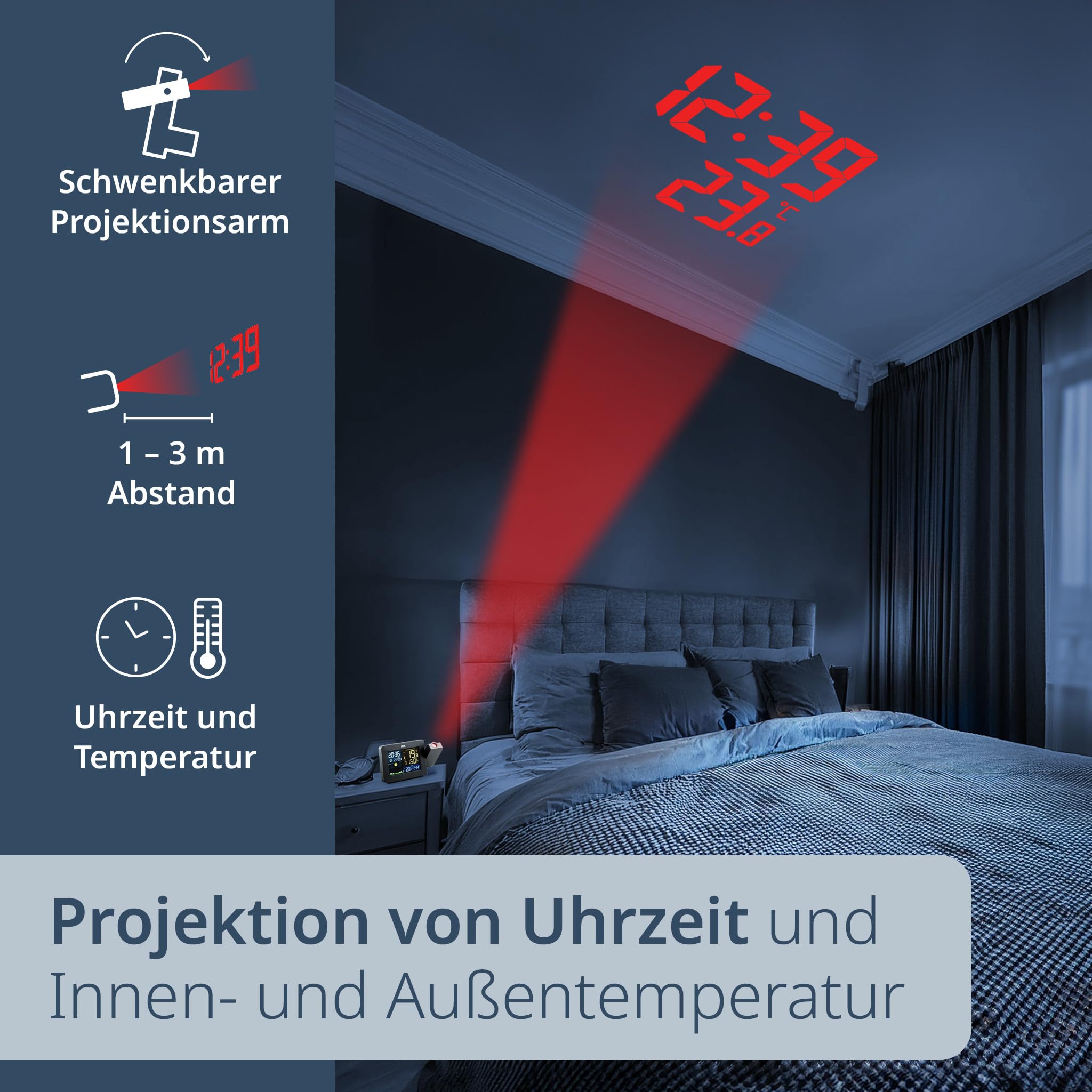 ADE Funkwecker mit Projektion | Funk Wetterstation mit Außensensor | Hygrometer und Thermometer für innen und außen | Projektionswecker | digital mit Netzteil | schwarz