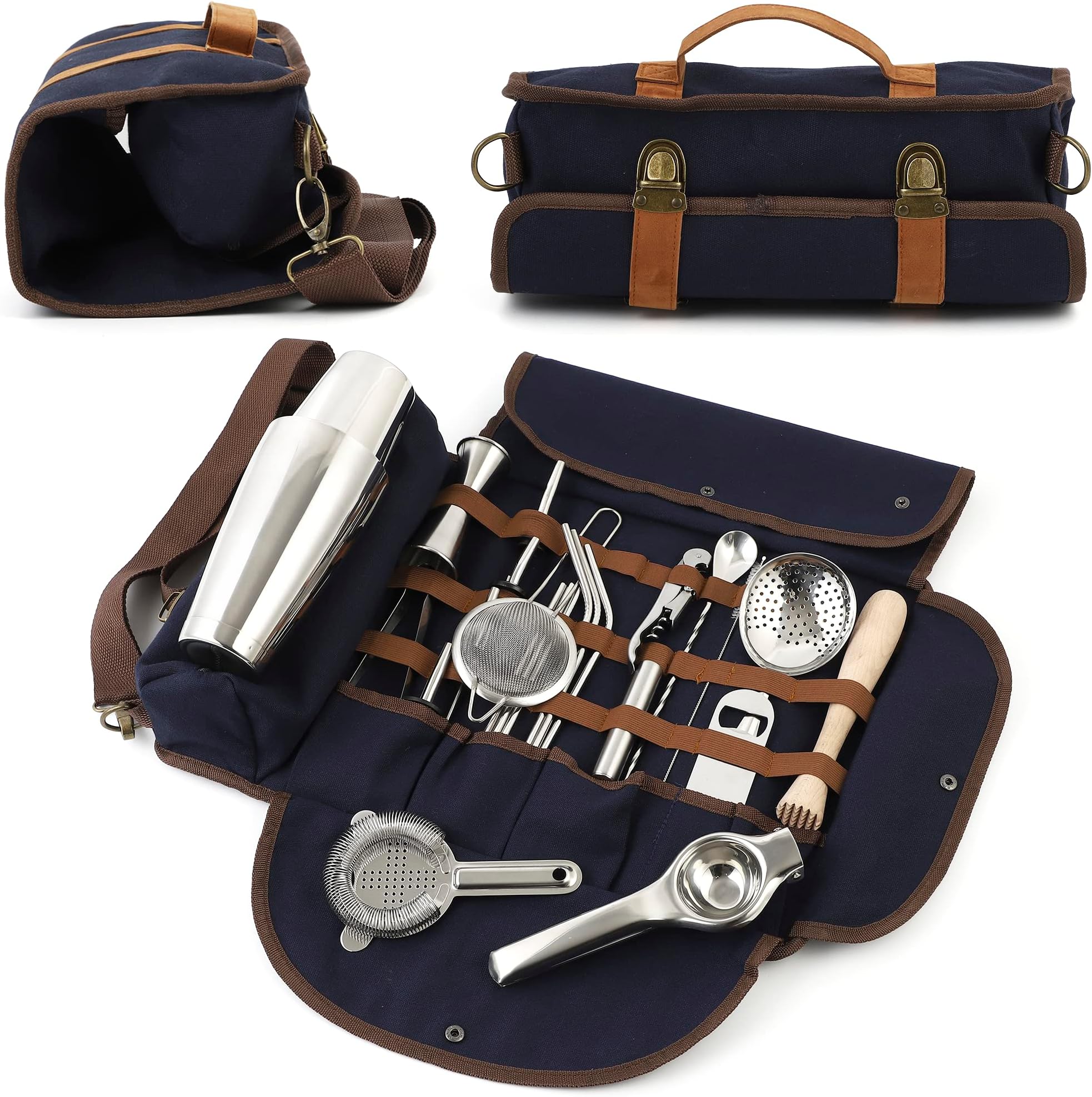 Travel Bartender Kit Bag, Traveling Bar Set, Portable Mixology Sets, 23 Pieces, Dark Blue, Silver, Professional Bartending Accessories, Starter Cocktail Mixer, Mobile Barware Tool Kitbag | Houseables