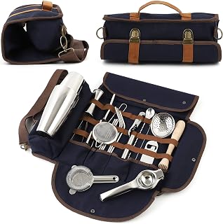 Travel Bartender Kit Bag, Traveling Bar Set, Portable Mixology Sets, 23 Pieces, Dark Blue, Silver, Professional Bartending Accessories, Starter Cocktail Mixer, Mobile Barware Tool Kitbag | Houseables
