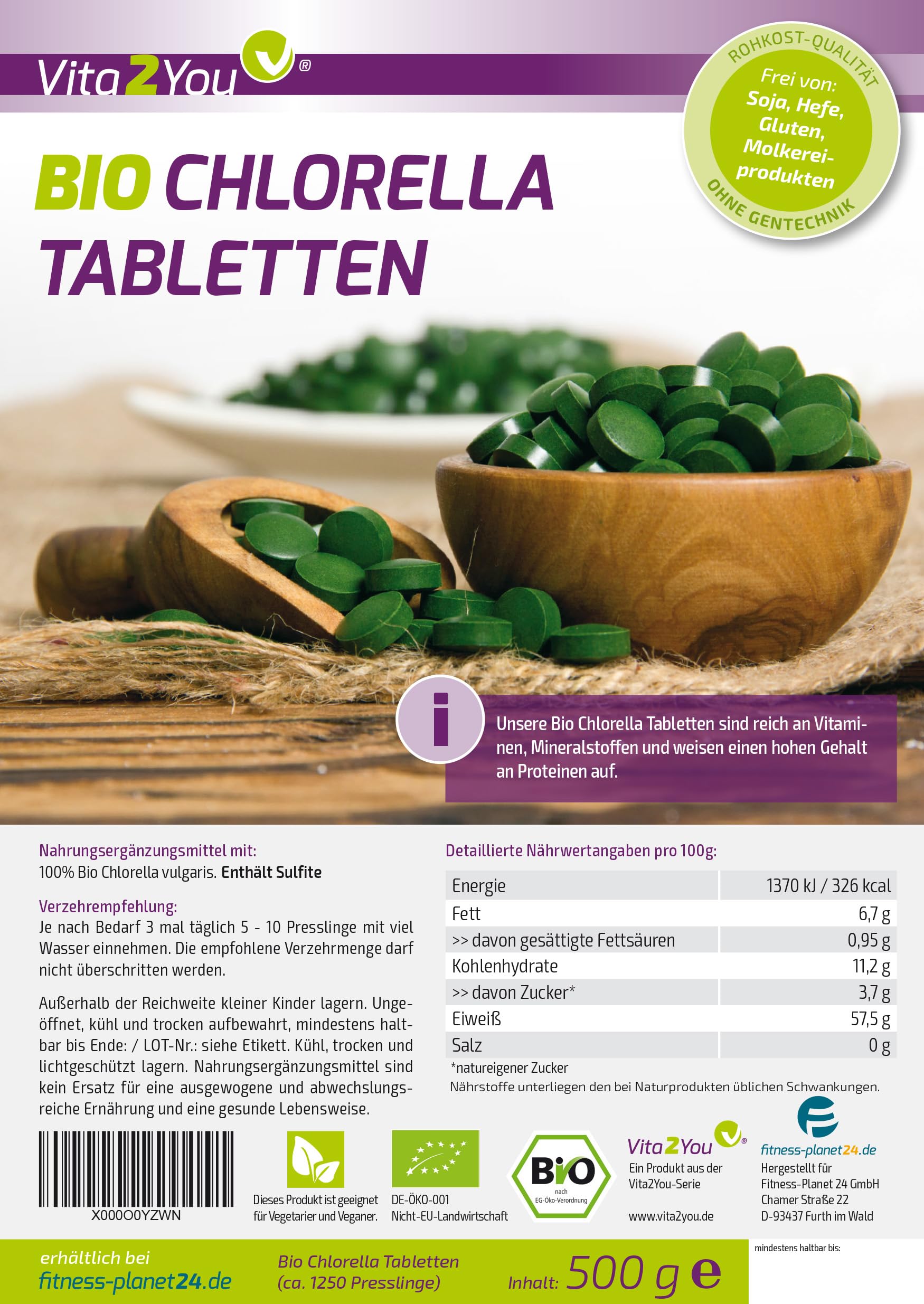 Vita2You Bio Chlorella Tabletten | 400mg pro Tablette | 1250 Presslinge | 500g Algen aus Ökologischen Anbau | Rohkost im Zippbeutel