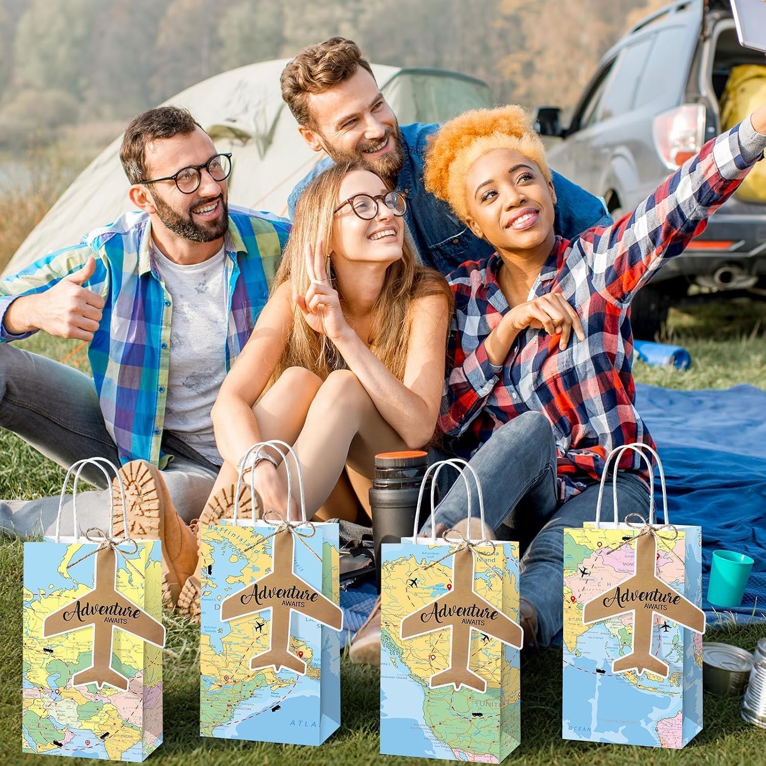 ojustbeok 24Pcs World Map Travel Party Favor Bags Adventure Awaits Paper Bag Decor Retirement Travel Party Supplies Congrats Goodies Candy Treat Bag for Farewell Going Away Birthday Camping image 5