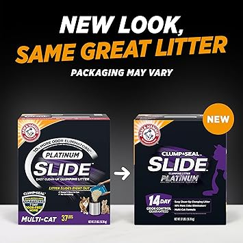 ARM & HAMMER Clump & Seal SLIDE Platinum Multi-Cat Clumping Cat Litter, Easy Clean Technology with No Scrubbing, 14-Day Odor Control, 37 lbs