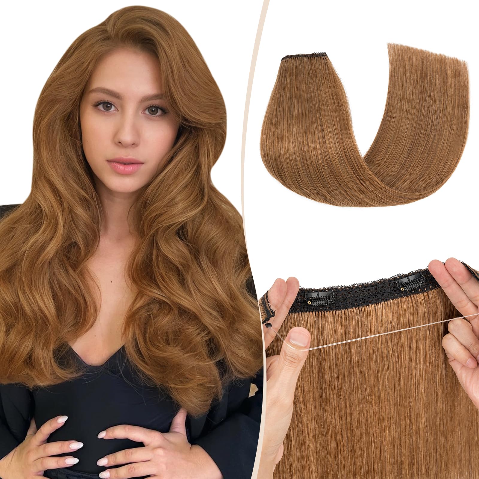 Benehair Wire Hair Extensions Real Human Hair Adjustable #6 Light Brown Secret Wire in Hair Extensions with Clips Straight 18 Inches (65g)