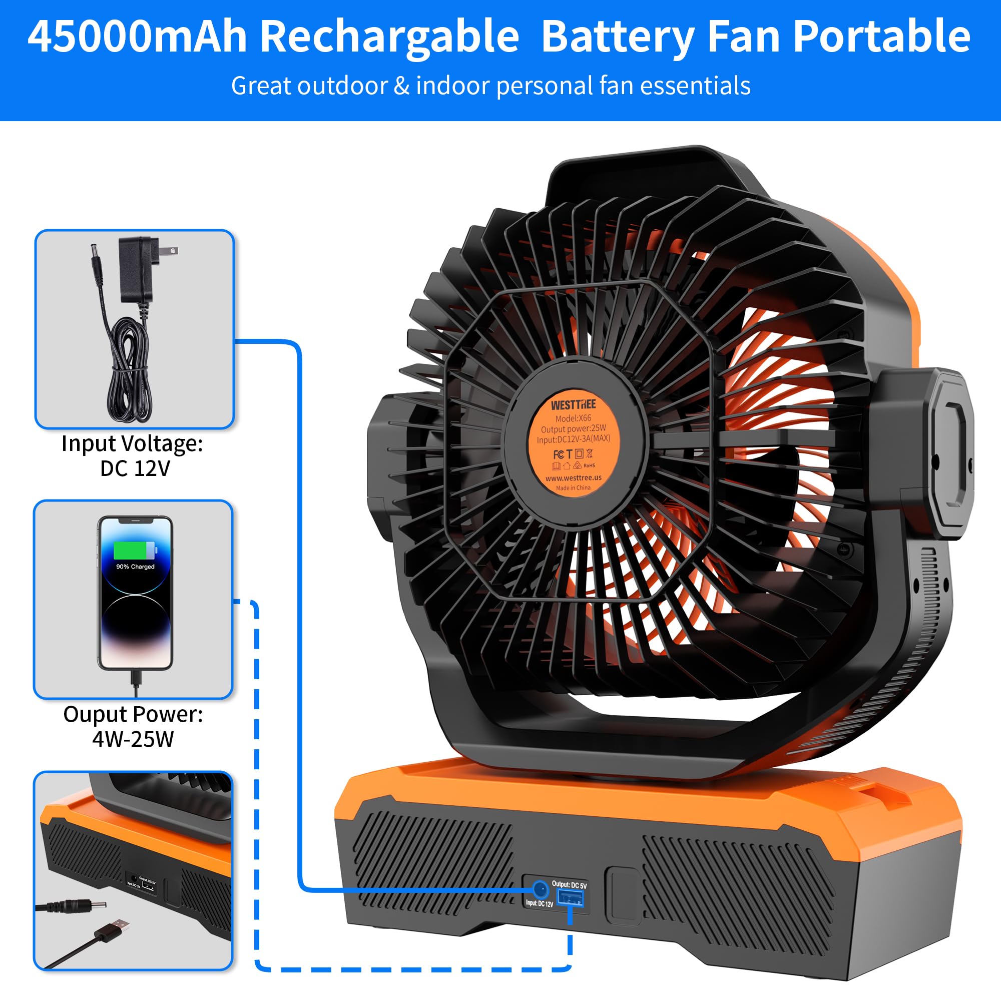 WESTTREE Ventilador de flujo de aire grande X66 naranja - 45 Ah