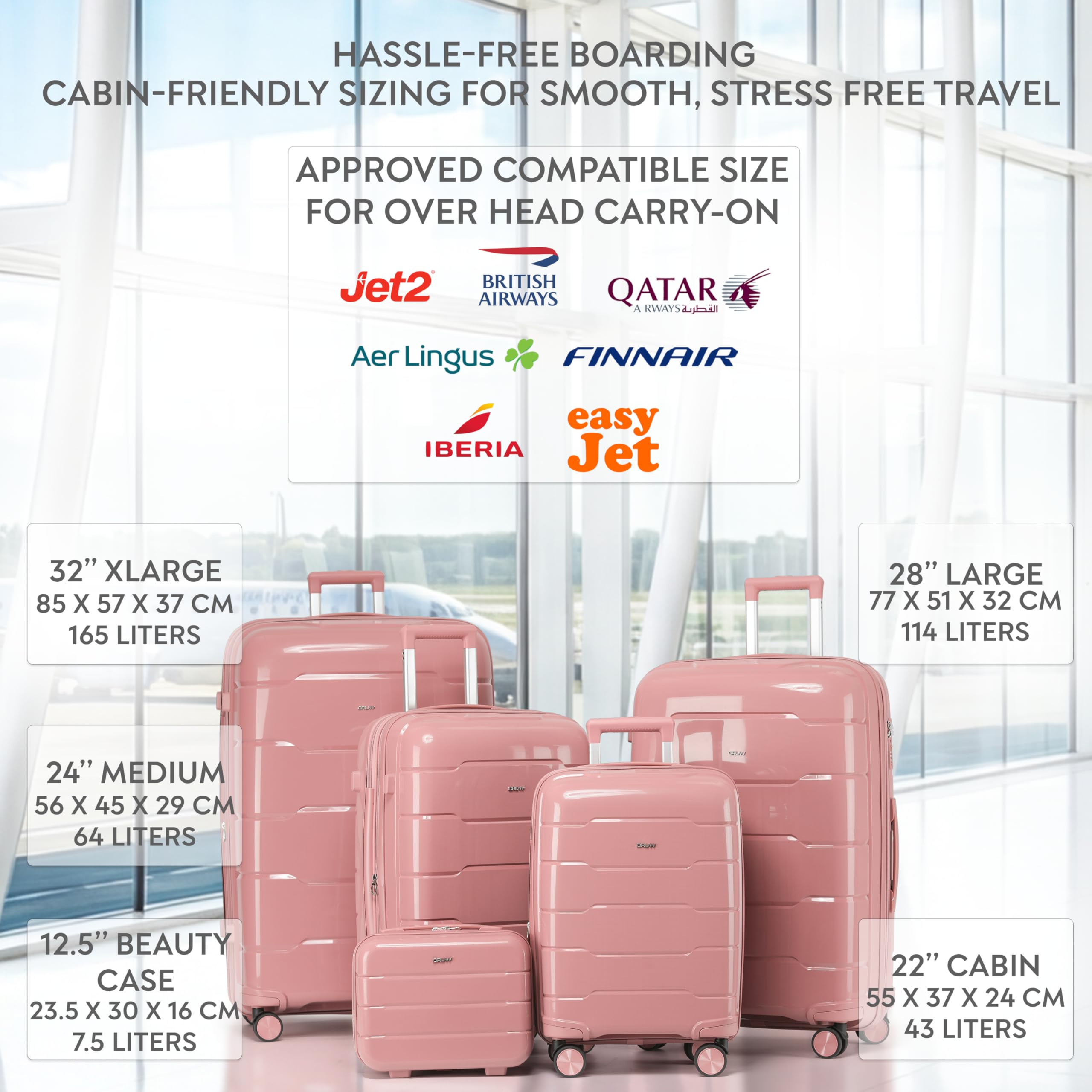 CRUW 5-Piece Luggage Set Expandable Polypropylene Suitcase Set TSA Locks 8 Silent Spinner Wheels Lightweight Nested Suitcases Travel Set easyJet British Airways Jet2 Airline-Approved Carry-On Pink