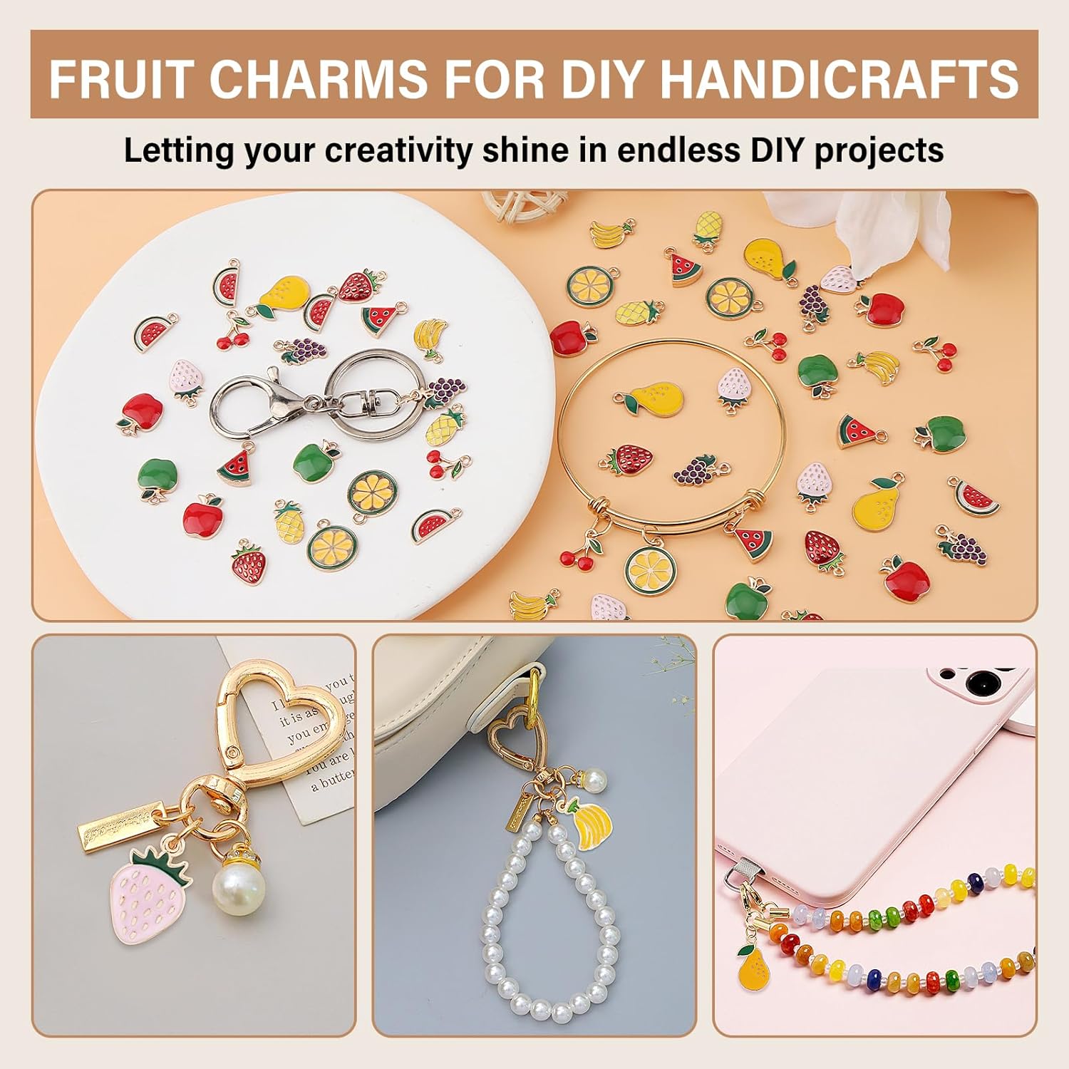 60PCS Fruit Charms for Jewelry Making 12 Styles Assorted Fruits Charms Mixed Apple Lemon Cherry Banana Peach Strawberry Charm Dangle Fruit Enamel Pendants for Keychain Earring Necklace Bracelet Making - Image 6