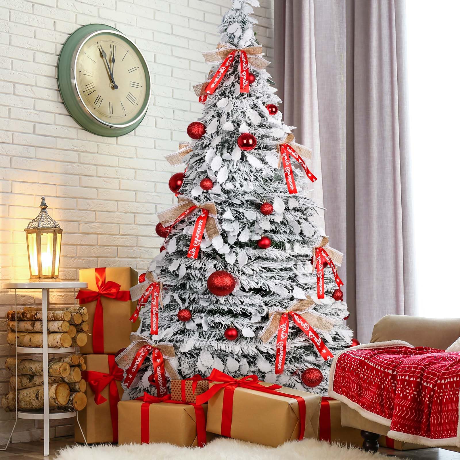 210cm Árbol de Navidad Plegable, árbol de Navidad Artificial en Blanco nevado con Adornos navideños y Lazos, Montaje fácil, decoración para Fiestas navideñas