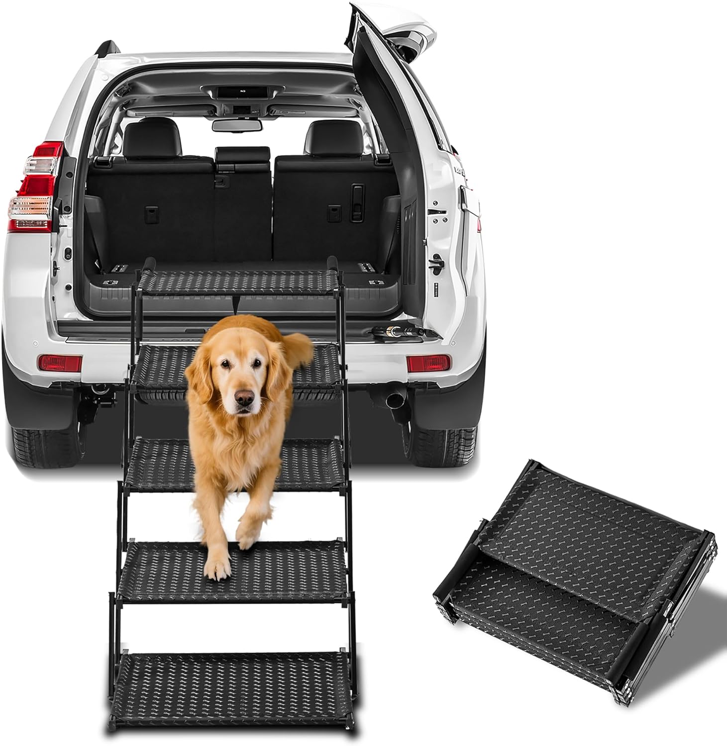 Extra Wide Dog Stairs for Car - Foldable Dog Ramps for Large Dogs with Non Slip Surface, Portable Pet Stairs for Cars and SUV, Truck, Sofas, Bed Support Up to 250 lbs(Wide 5 Steps) Upgraded Wide 5 Steps