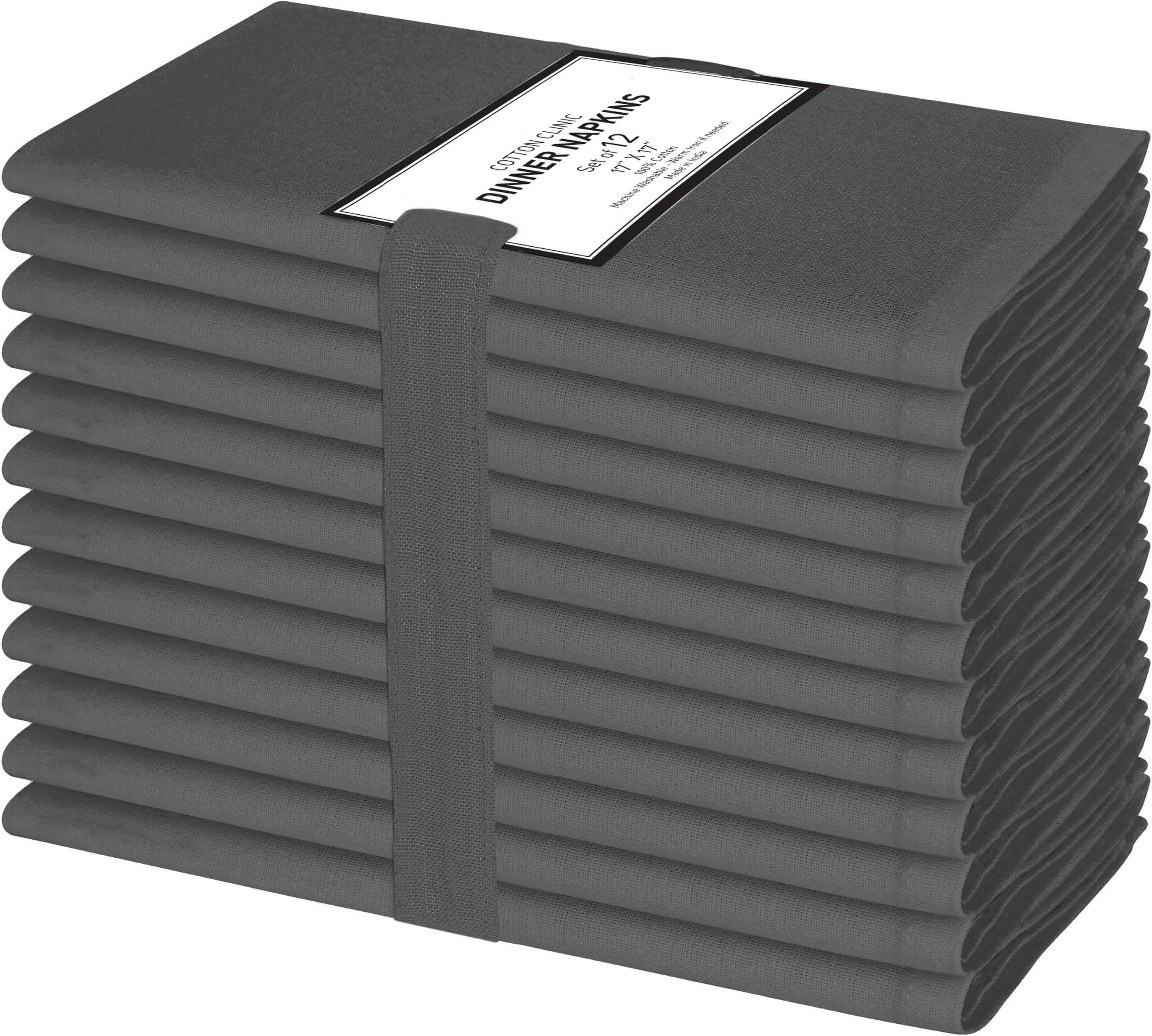 Cotton Clinic Set of 12 Cloth Dinner Napkins 100% Cotton 17x17 inches - Ultra Soft Absorbent Restaurant Hotel Quality - Cocktail Napkins Wedding Dinner Napkins - Washable Cloth Napkins Dark Grey