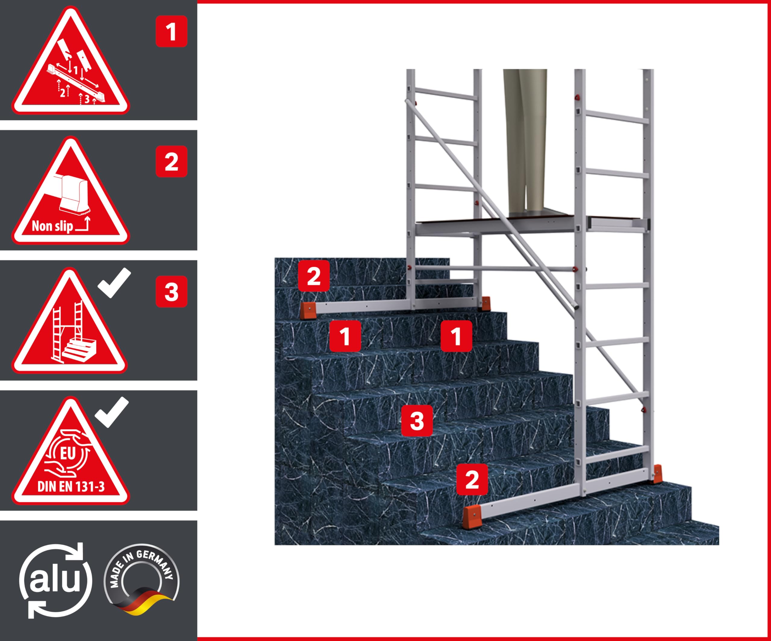 ALTEC AluCombine 3.0 - Échafaudage roulant en aluminium avec traverse, 4 roulettes pivotantes freinables et ancrage mural - Échafaudage de montage - Échelle simple (7 m)