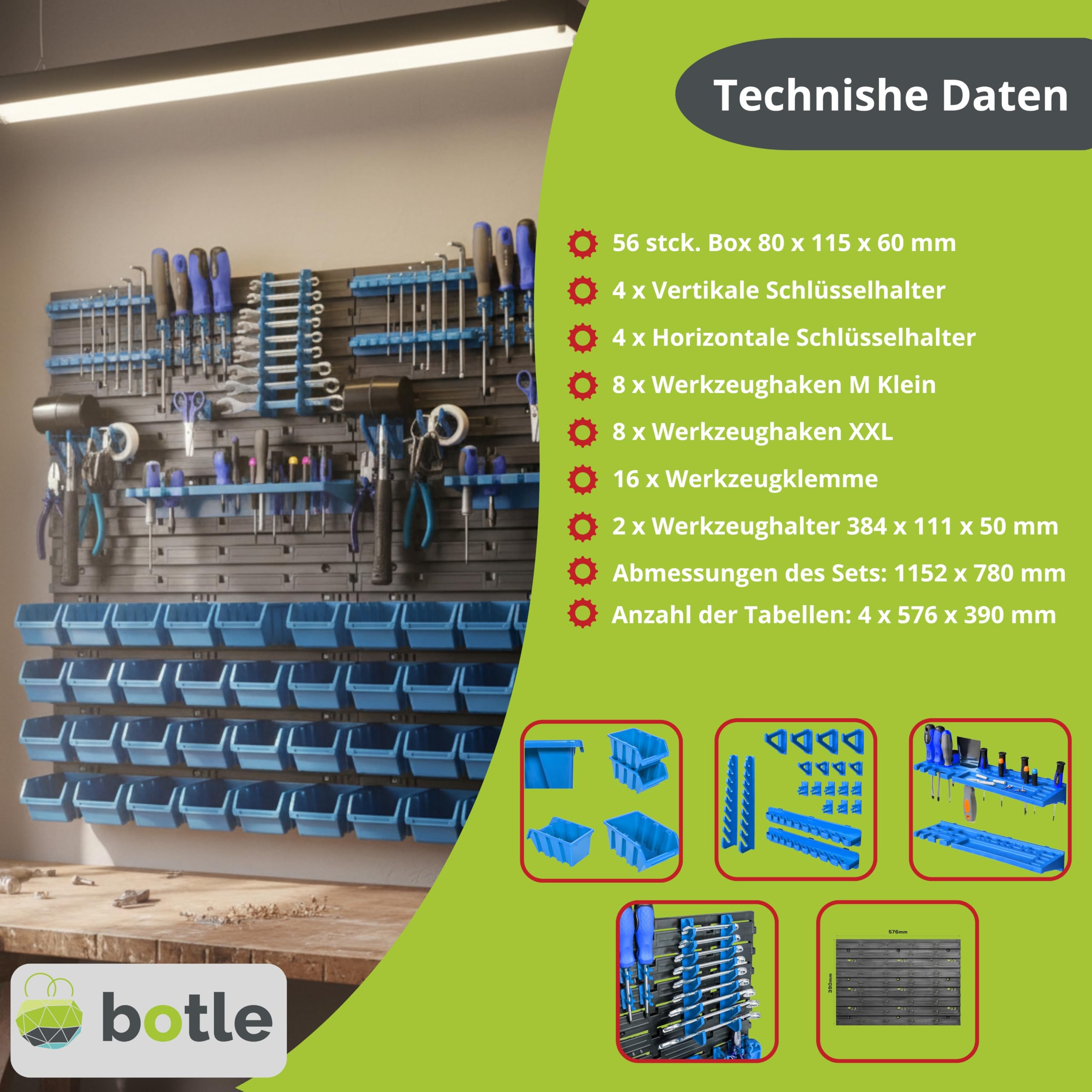 Lagersystem Wandregal 115x78cm, Werkzeughalterungen, 56 stck. Stapelboxen Schüttenregal Sichtlagerkästen, Extra Starke Wandplatten, Regal Erweiterbar, Werkstattregal Lagerregal Werkstattwandregal Ste
