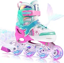 NEMONE Patins em linha sereia, 4 tamanhos de patins ajustáveis para meninas, patins infantis com rodas iluminadas, ambientes internos para iniciantes e externos