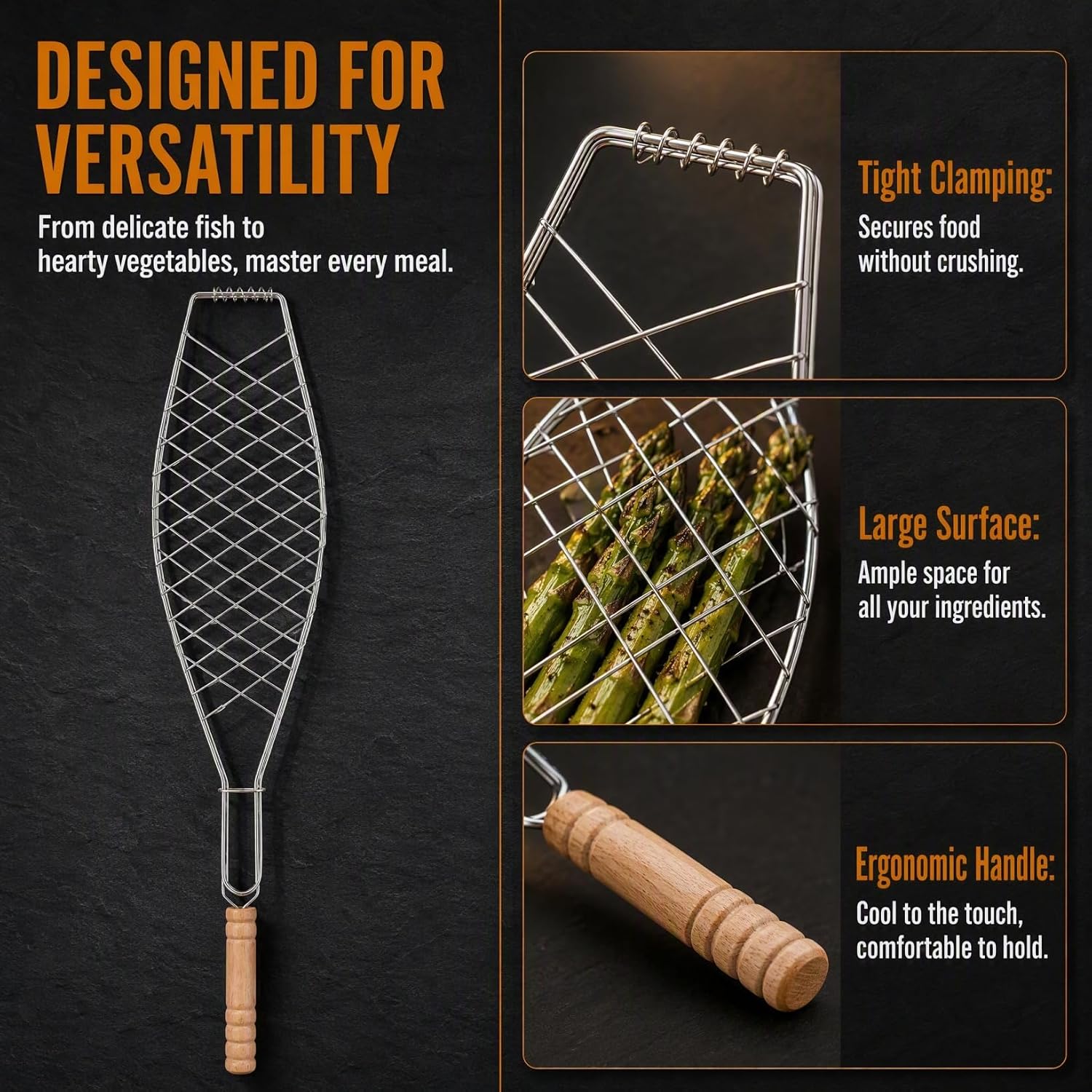 SEWACC 4pcs Fish Grill Basket Heavy Duty Iron Grilling Basket with Wooden Handle Portable Rack for Fish Seafood Vegetables, Bbq Accessories for Outdoor Camping Picnic image 2