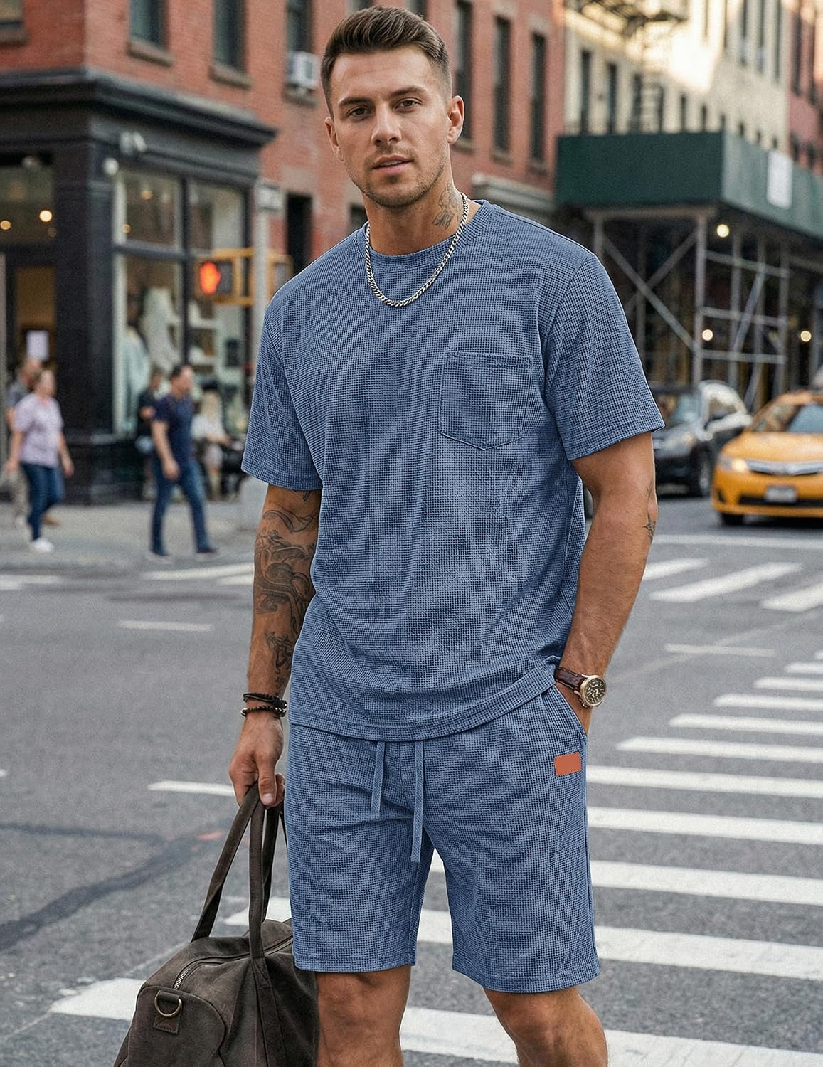 Men's Waffle Short Sets 2 Piece Outfits Cotton T-Shirts and Shorts Set Summer Vacation Beach Casual Big and Tall Dark Blue 3XL