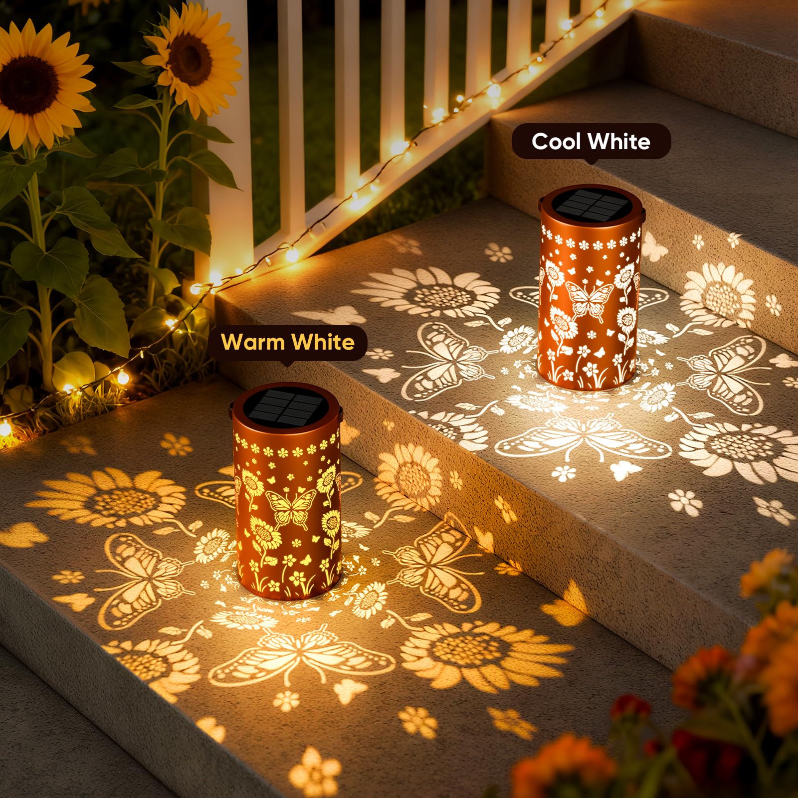 Lanterne solari impermeabili per esterni, lanterna decorativa con motivo girasole e farfalle, per giardino, patio, cortile, regalo da donna per proprietari di case e coppie, confezione da 2