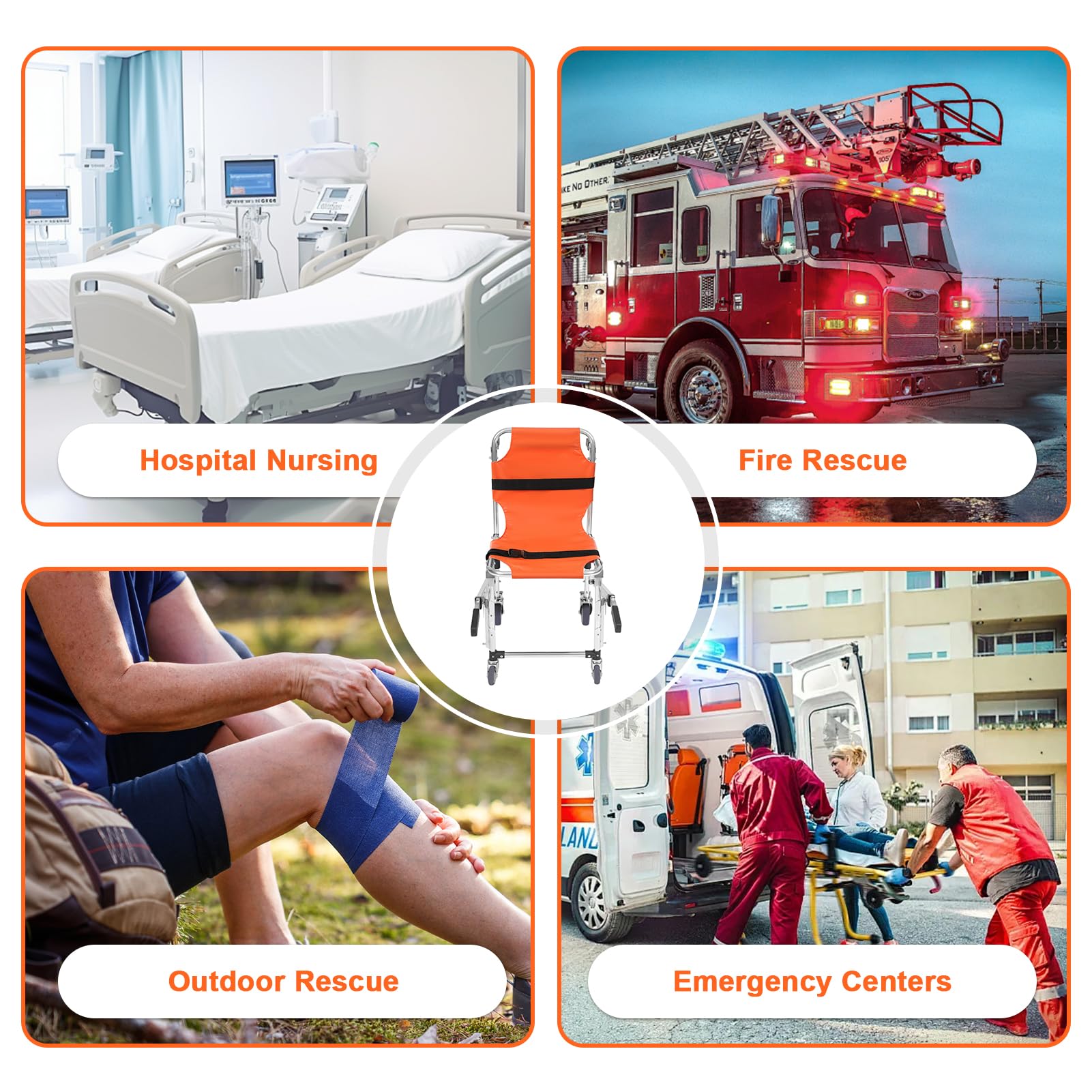 Chaise d'évacuation, chaise d'escalier en alliage d'aluminium, légère, pliable avec fermeture rapide, chaise d'évacuation pour ambulance pompier (orange)