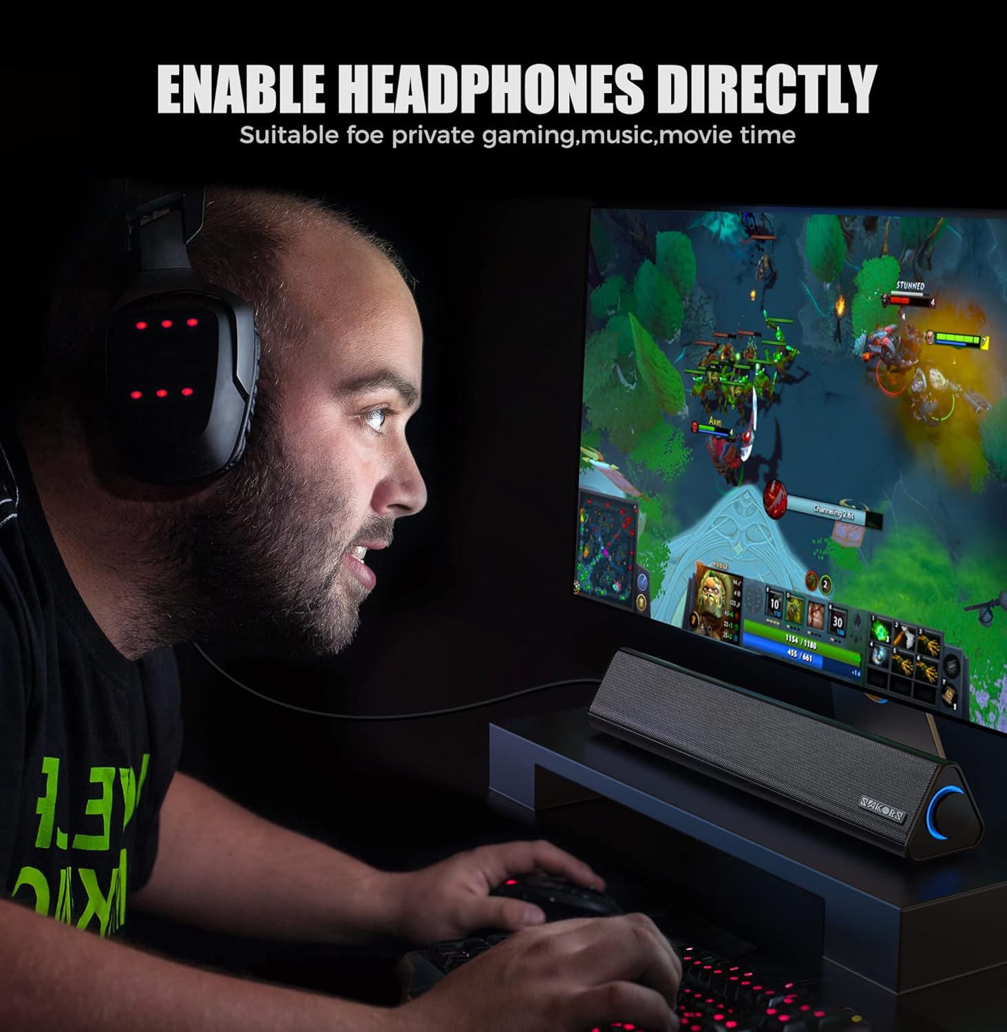 User wearing headphones connected to SAKOBS E2021 speakers