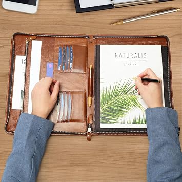 Genuine Leather Portfolio for Men Women Zipper Business Resume Padfolio Organizer Binder A4 Meeting Folder13 inch brown