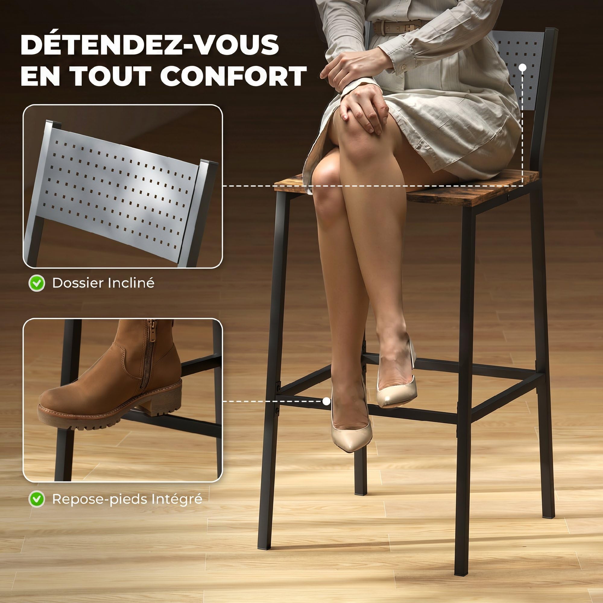 HOMCOM Lot de 2 tabourets de Bar, Assise 72,5H cm, Dossier, Brun Rustique