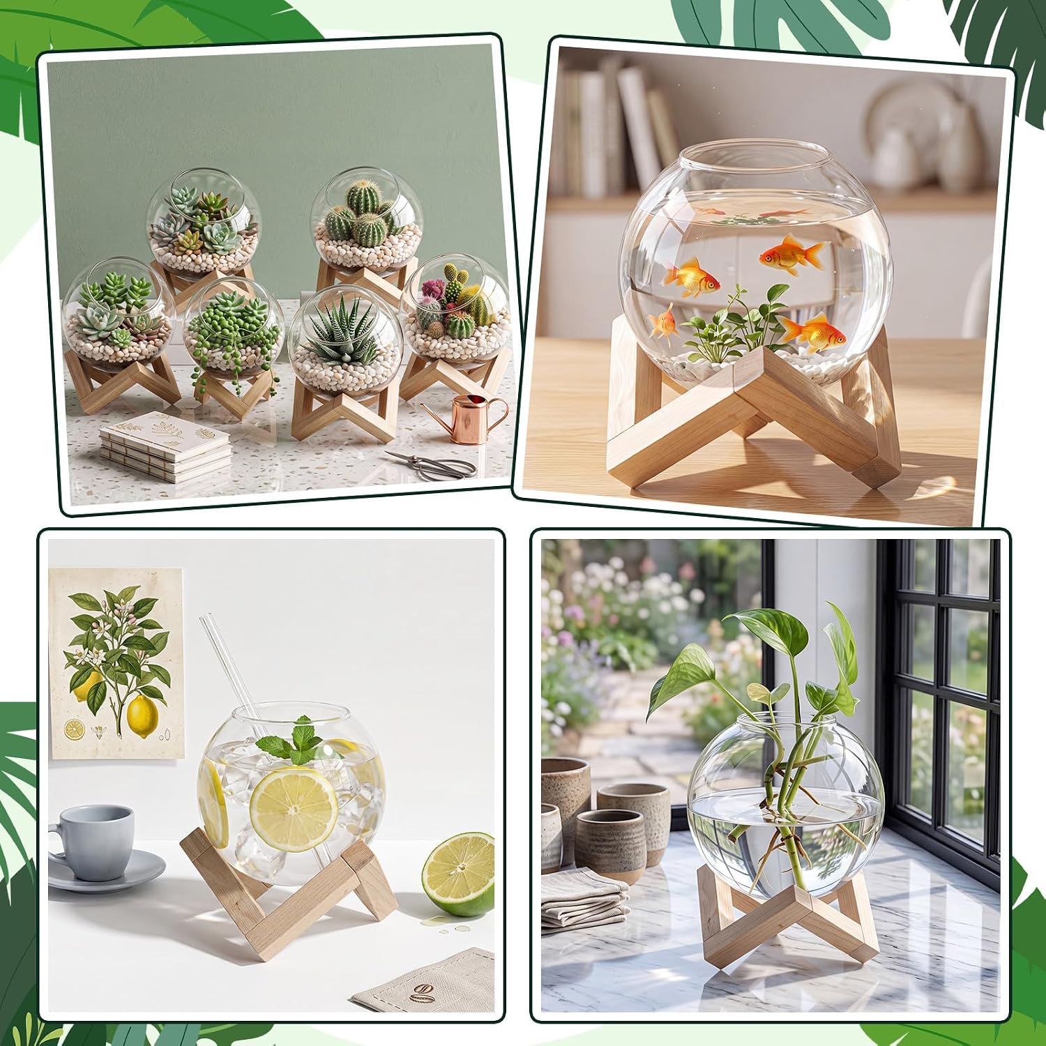 4 Set 16 oz Creative drinking Cocktail Glasses Ball Shape with Stand Straw