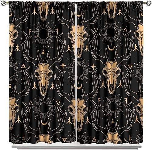 Vista 384 de Cortinas de cabeza de cabra, misteriosa cabeza de cabra malvada, calavera negra, bolsillo para barra, cortinas opacas para ventana, juego de 2