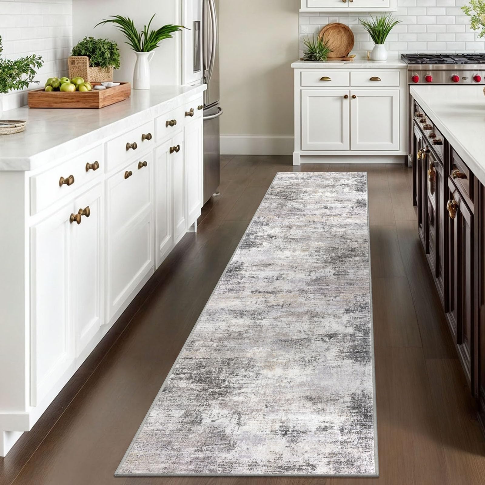 Condition photo showing Good Condition for iohouze abstract runner rug 2x10 ft washable runners for hallways, non slip kitchen runner printed faux wool entryway runner indoor, modern abstract floor carpet for hall kitchen, grey beige
