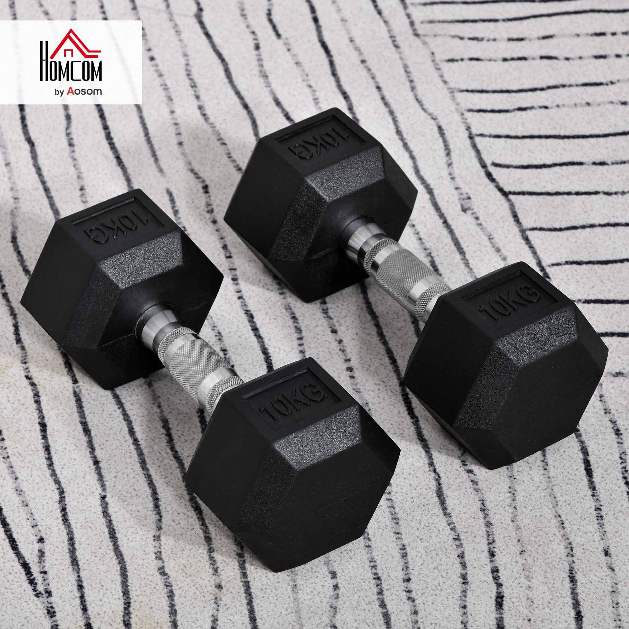 HOMCOM Mancuernas Hexagonales, 1x5 kg, 2x4/5/8/10/12,5/15/17,5 kg, de Hierro Fundido, Recubiertas de Goma, Pesas con Barras de Conexión para Entrenamiento en Casa, Gimnasio y Oficina, Negro y Plata