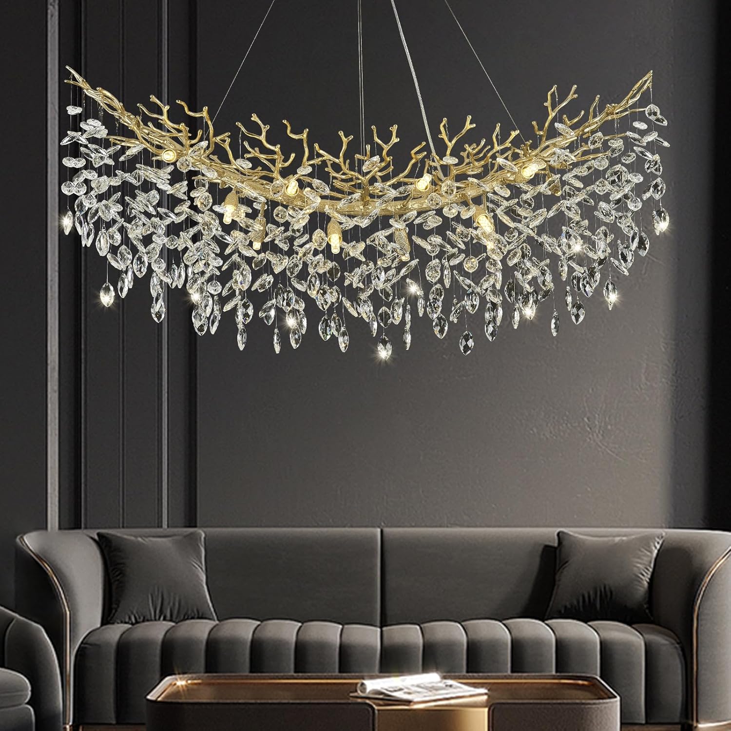 Chandeliers for Dining Room Over Table, 47" Modern Crystal Gold Tree Branche Chandelier, Large Chandelier Crystals for Living Room,High Ceiling,Foyer,Entryway,Kitchen Island,Staircase