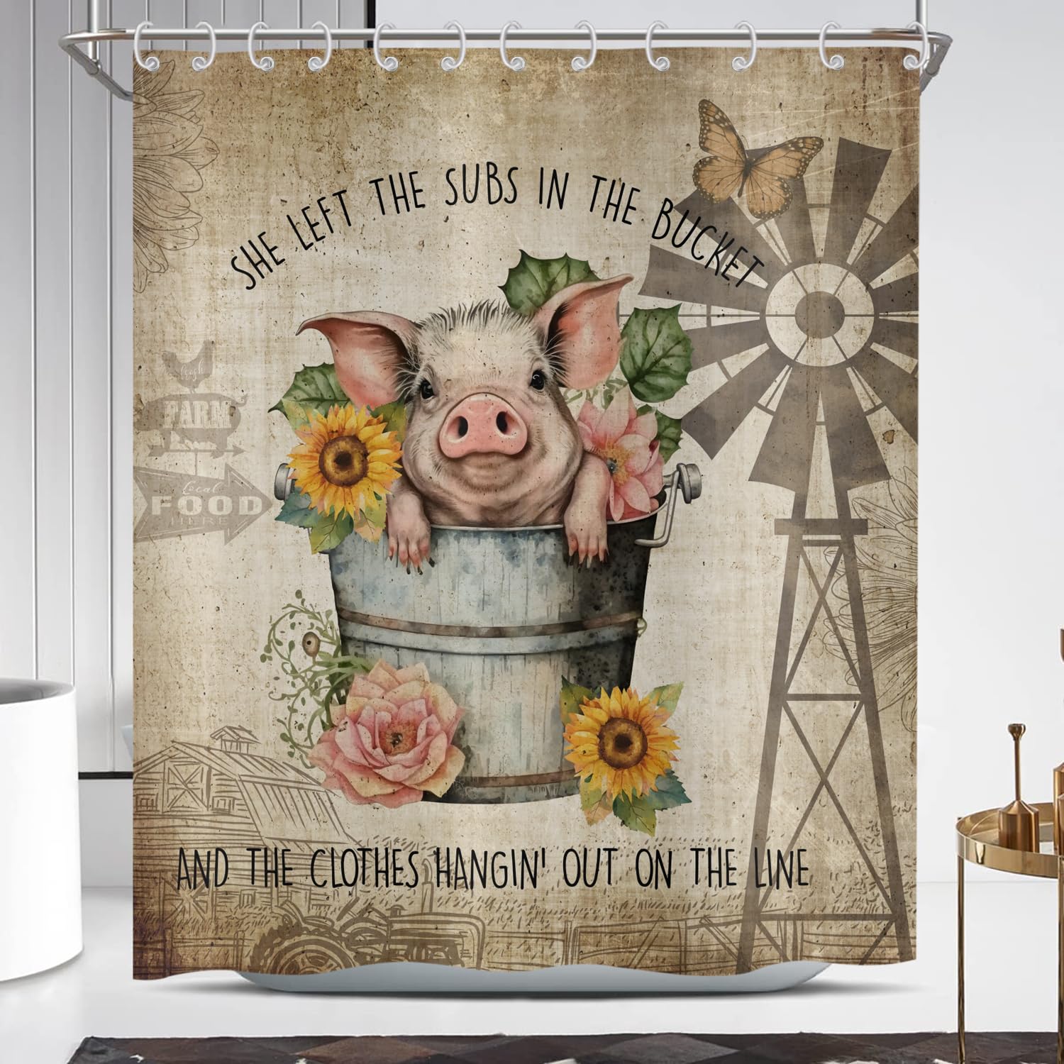 ASDCXZ Funny Shower Curtain 90x180 cm, Vintage Funny Rose Pig Flowers Sunflower Butterfly Bath Washable Shower Curtains Polyester Textile Waterproof Bath Curtain for Bathtub with 6 Hooks — image 1