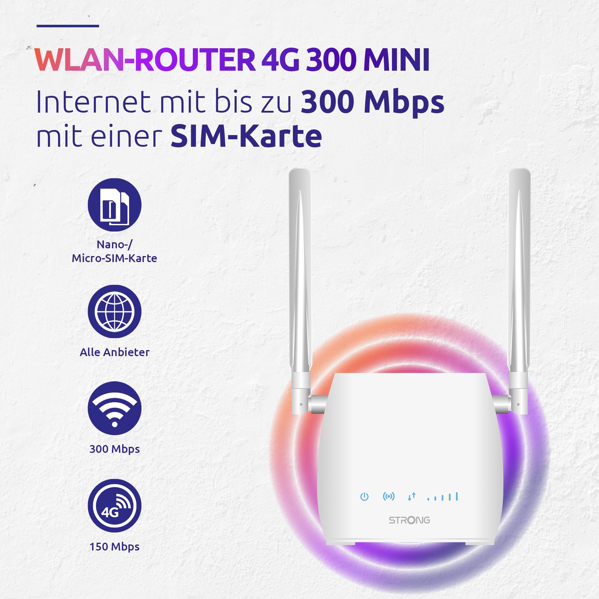 Strong - LTE Router 300M - Mobiler Hotspot - Bis zu 150 Mbps und 300 Mbps WLAN -AN-Anschluss - Für alle SIM-Karten geeignet - Abnehmbare Antennen - Einfache Installation - Dunkelweiß – Bild 3