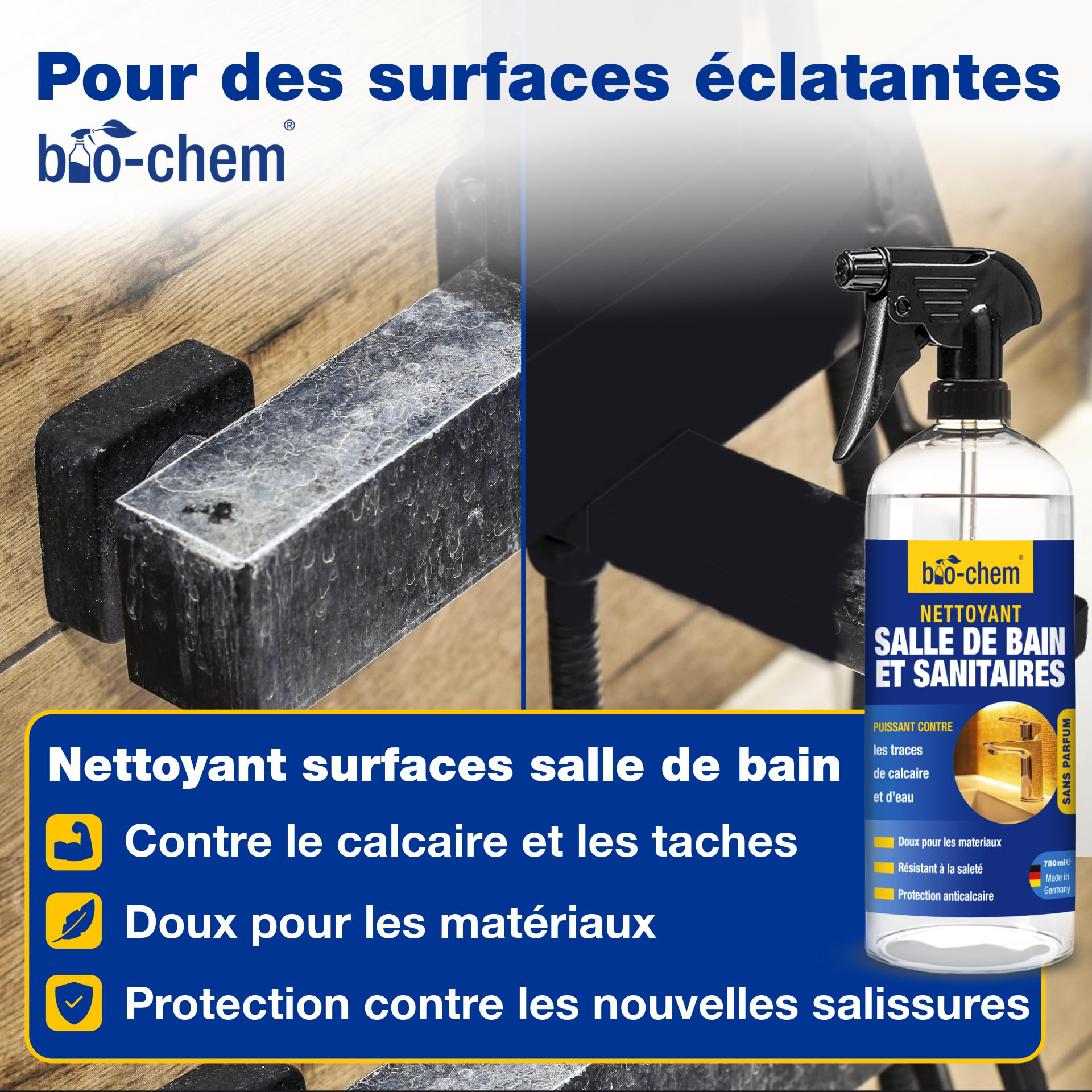 bio-chem Set de 3 nettoyants pour salle de bain, douches, WC | Déboucheur de canalisation 1L - Décapant urine et calcaire 1L - Produit surfaces de salle de bain 750ml