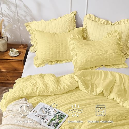 Miniatura 20 de JOLLYVOGUE - Juego de edredón tamaño queen, de 3 piezas, estilo seersucker, ligero y esponjoso para todas las estaciones, con 1 edredón con volantes