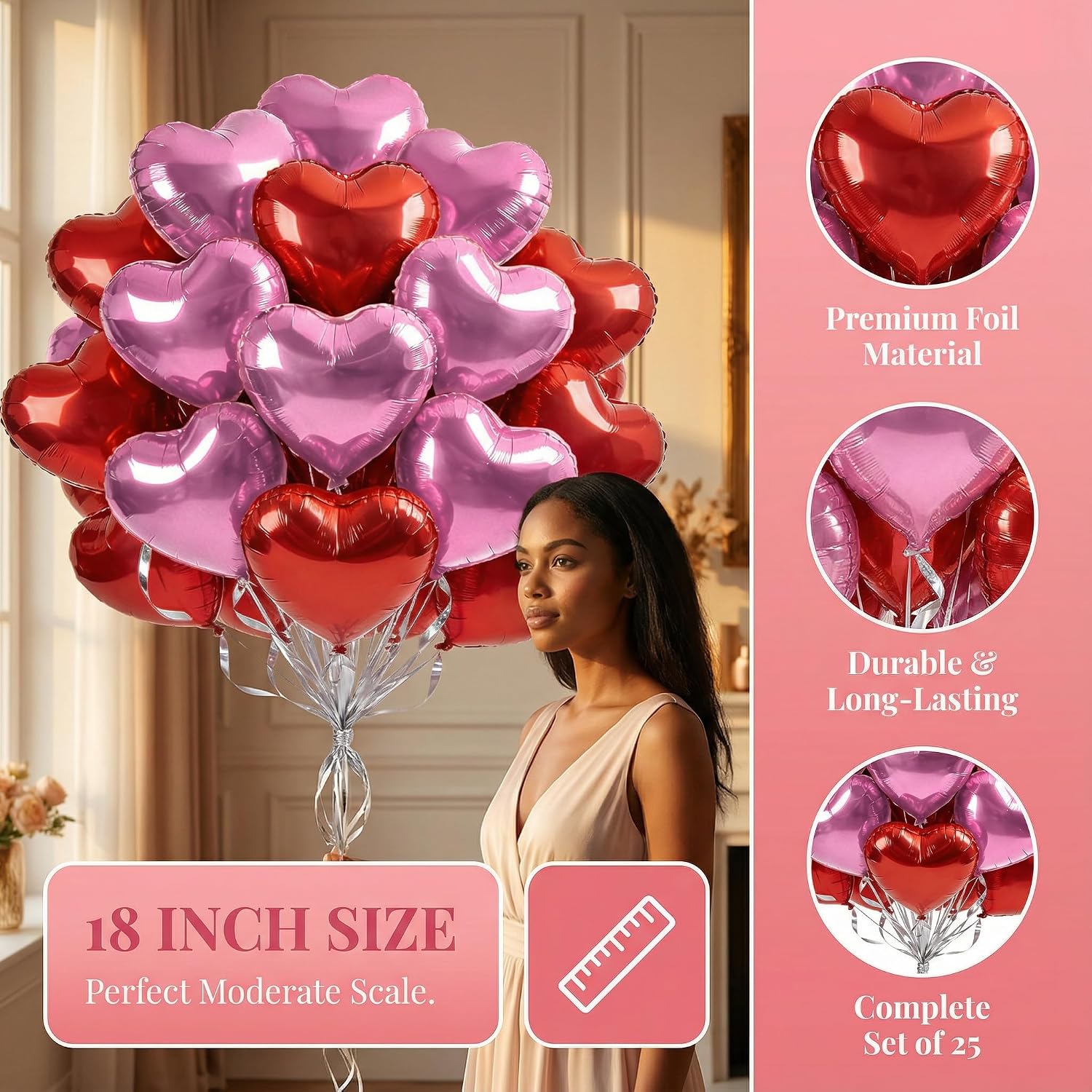18 Inch Red & Pink Heart Balloons, 30 Pcs Heart Shaped Foil Balloons for Valentine‘s Day, Wedding, Birthday - 15 Red, 15 Pink Balloons set- Support Helium - Party Decorations
