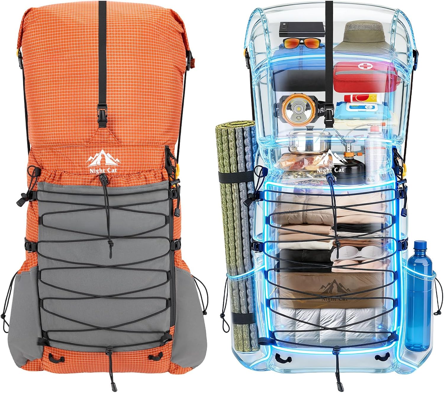 Night Cat Internal-frame Hiking Backpack: 70L Lightweight Travel Backpack with Rain Cover for Men Women Hiking Camping Backpacking Orange Red