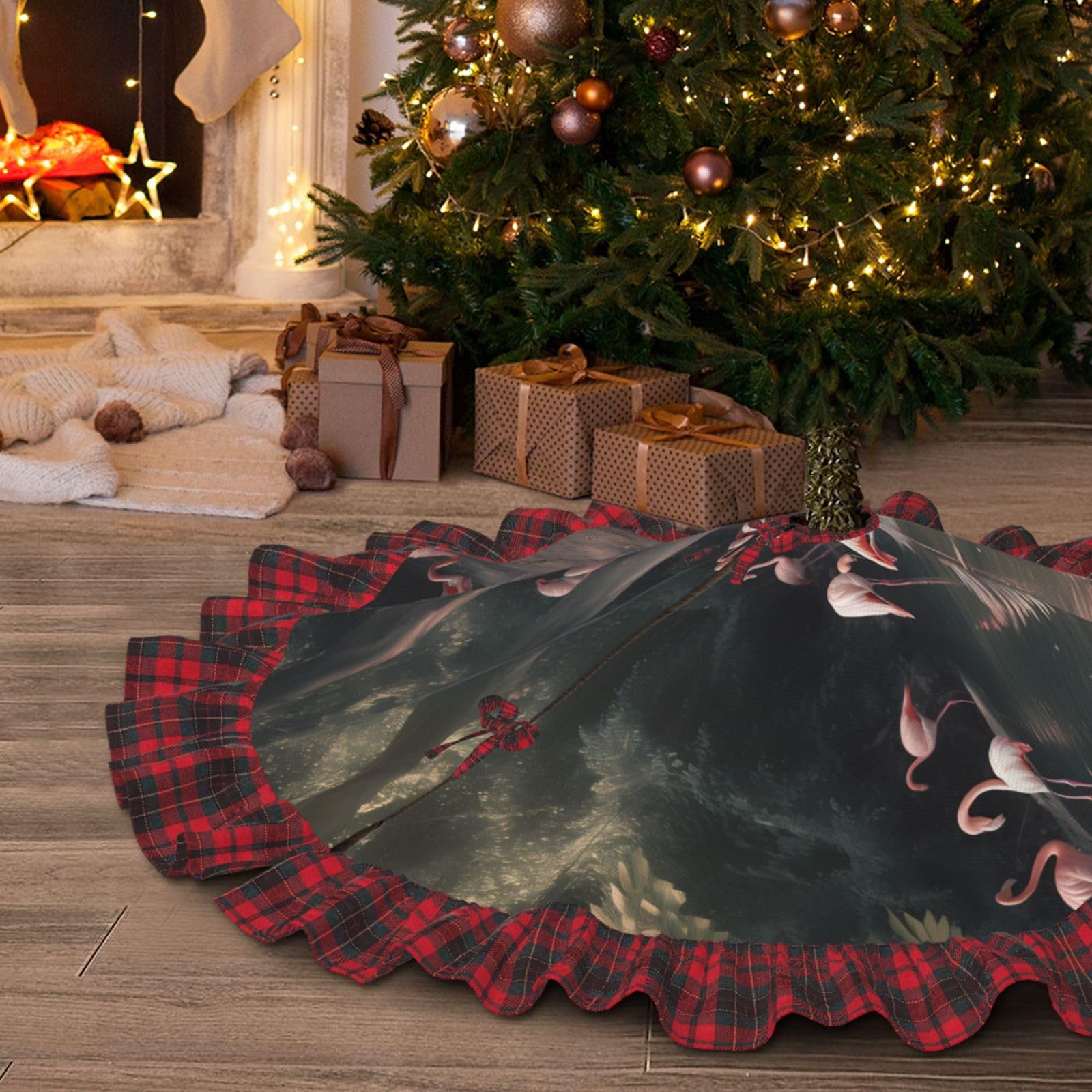 Jupe de sapin de Noël 122 cm étanche à carreaux et flamant rose pour déco de fête rustique