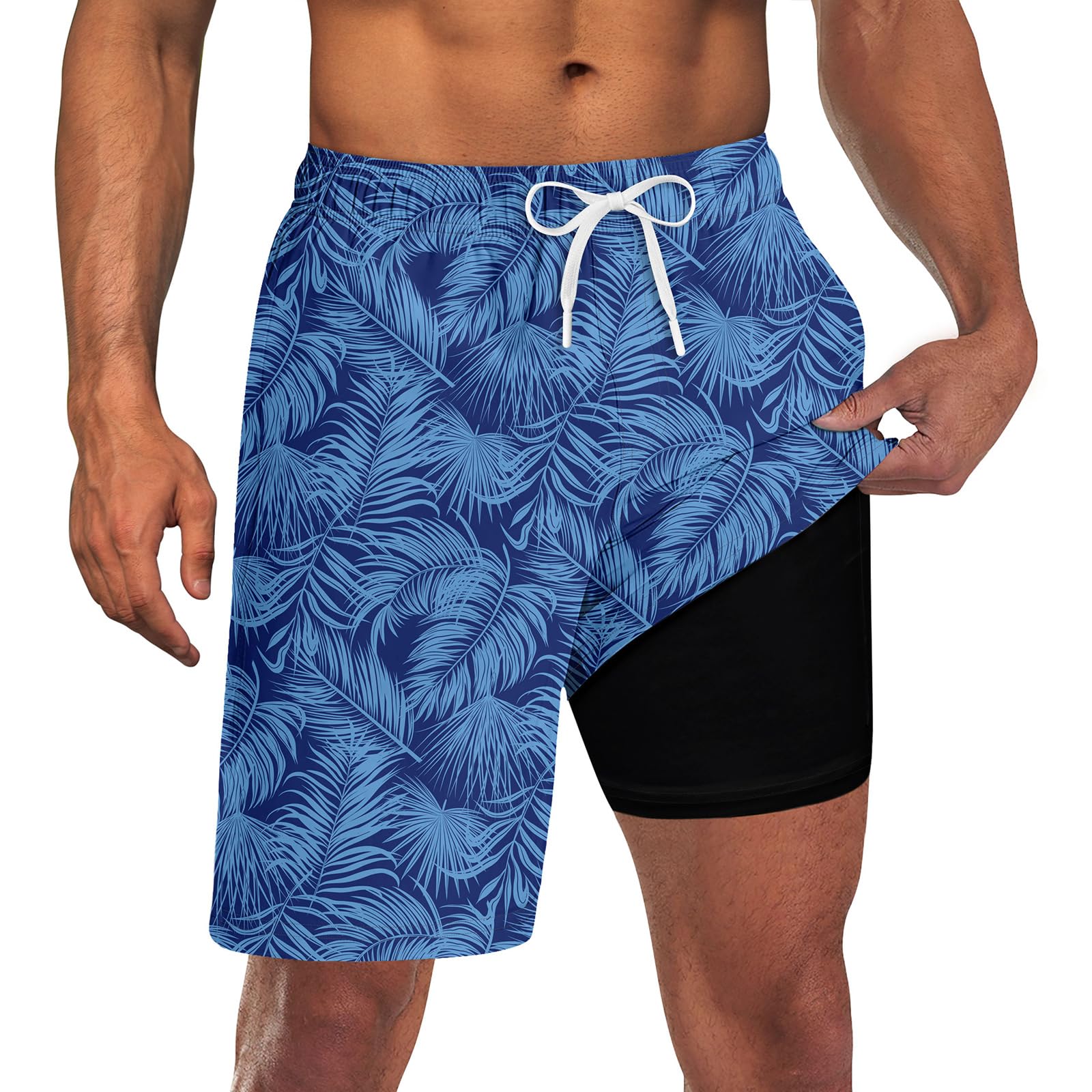Men's Swim Shorts with Compression Liner Men Big Tall Board Shorts Purple Plants 9