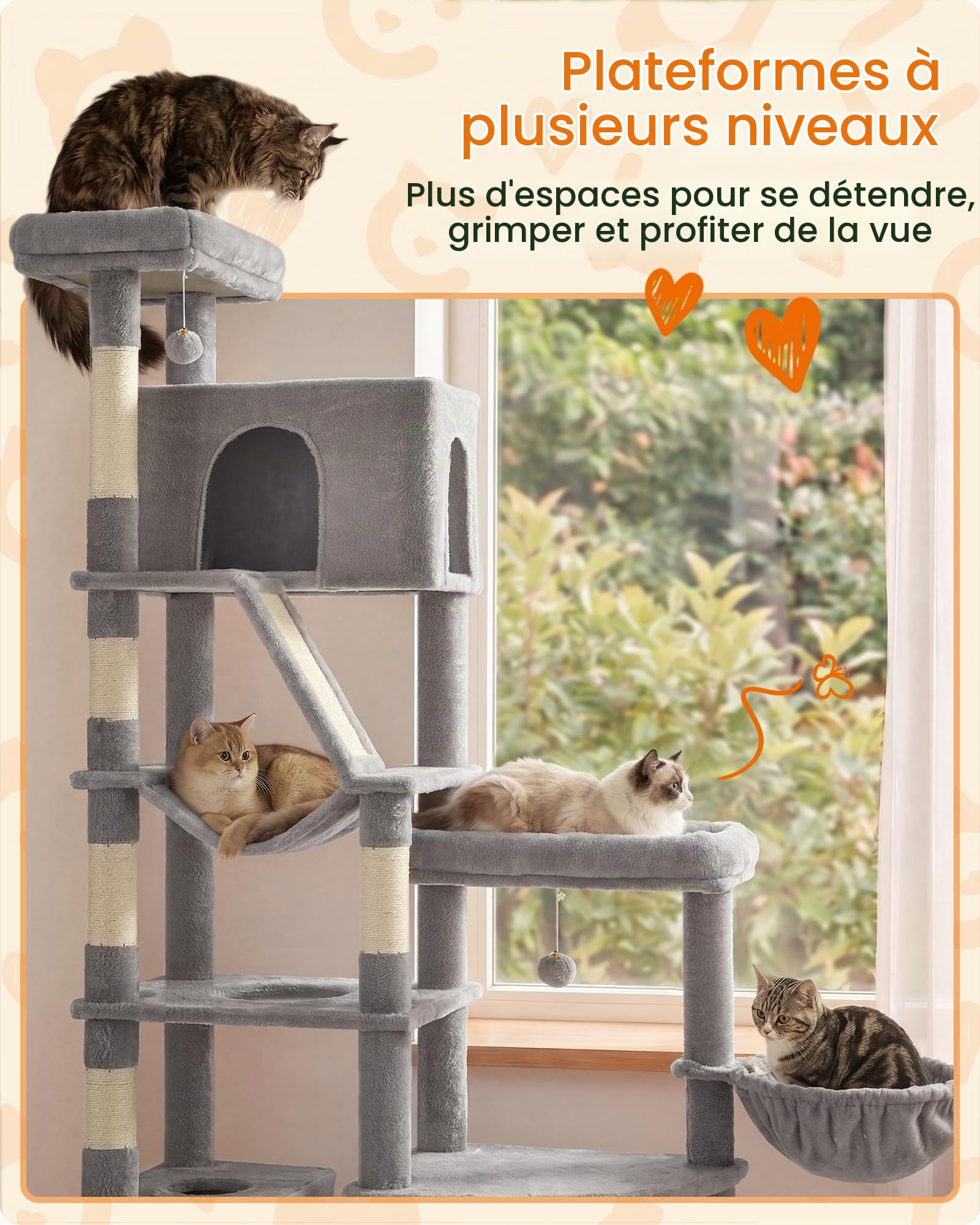 Feandrea Grand Arbre à Chat, Multi-Niveaux, 105 x 45 x 188,2 cm